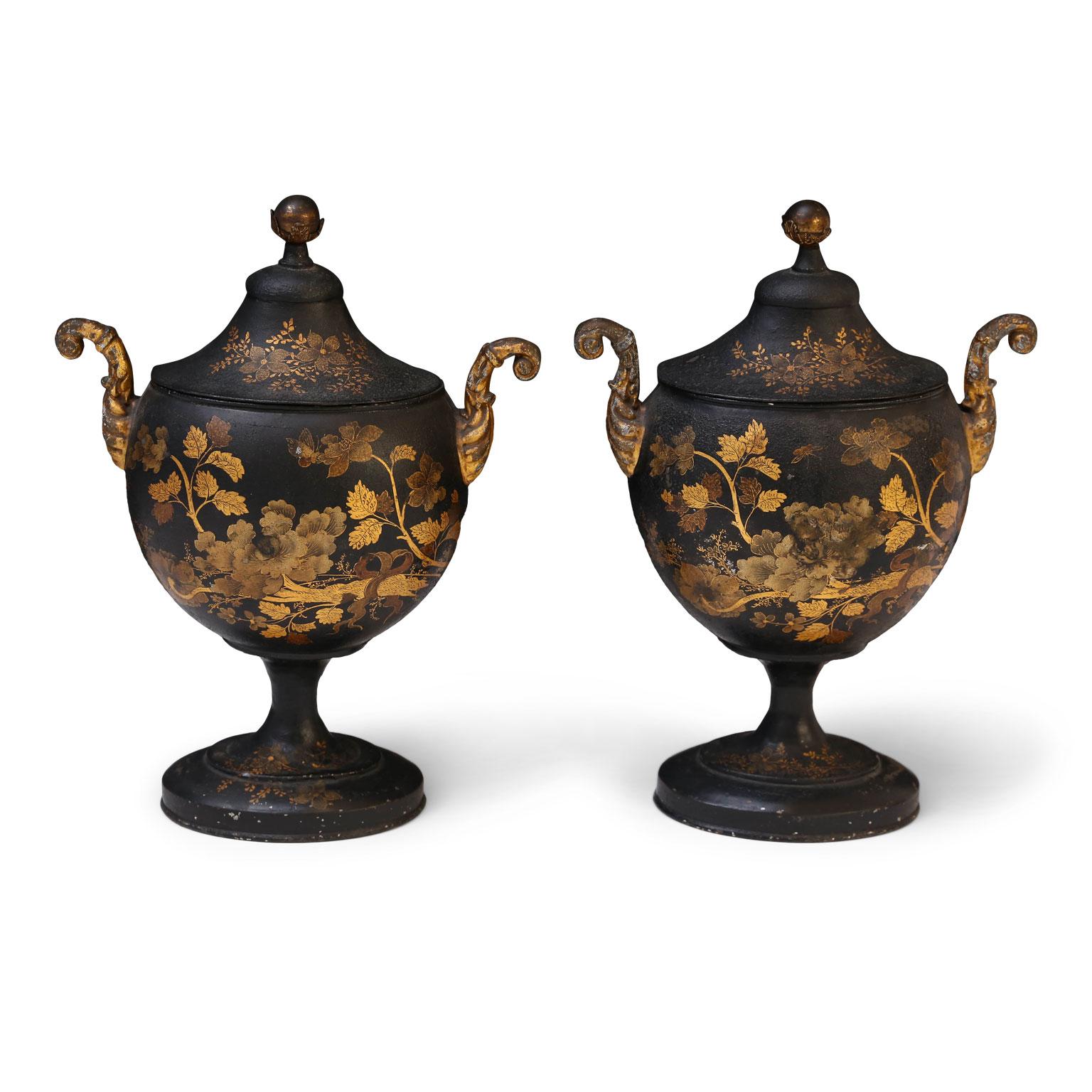 English Pair of Tole Chestnut Urns