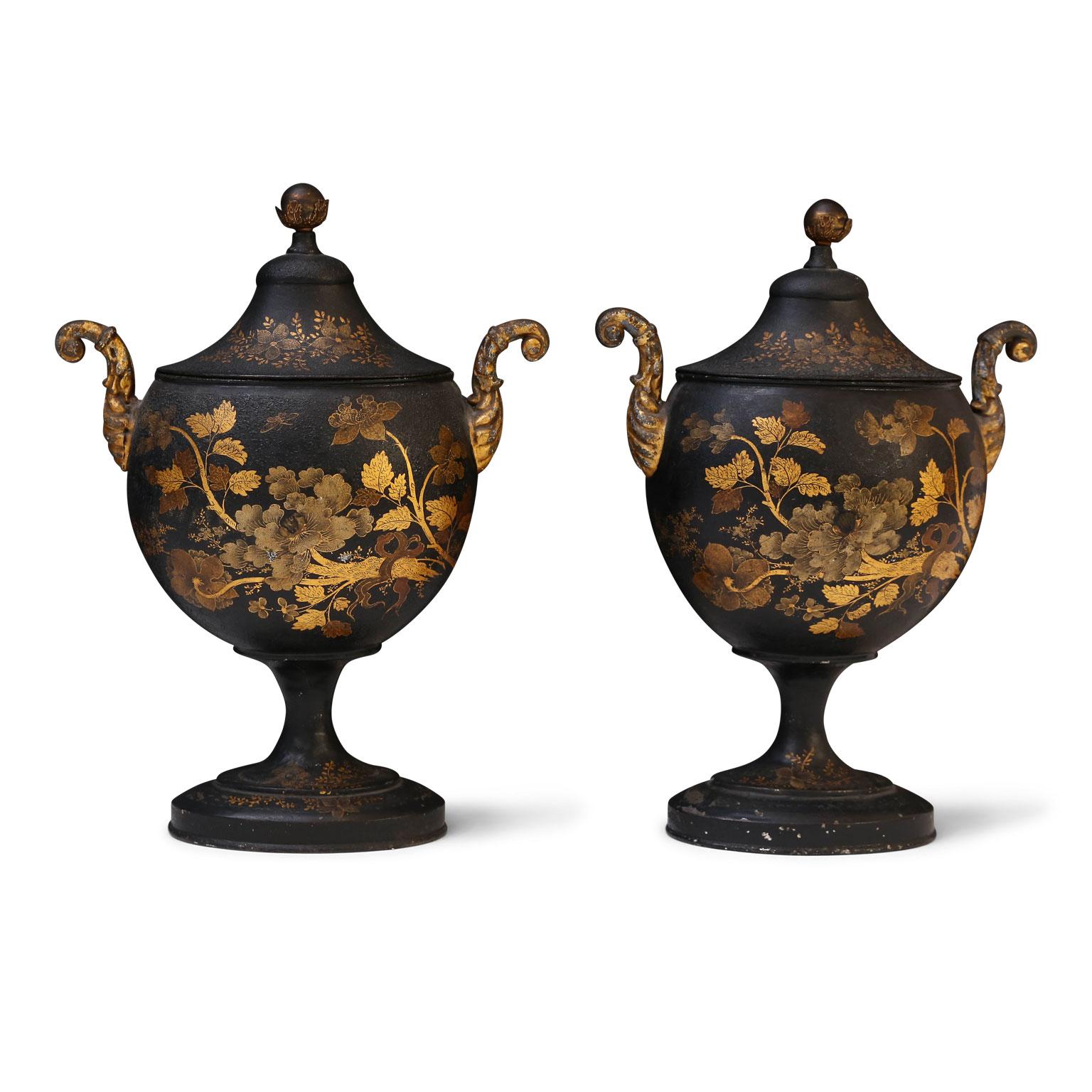 Pair of Tole Chestnut Urns In Good Condition In Houston, TX