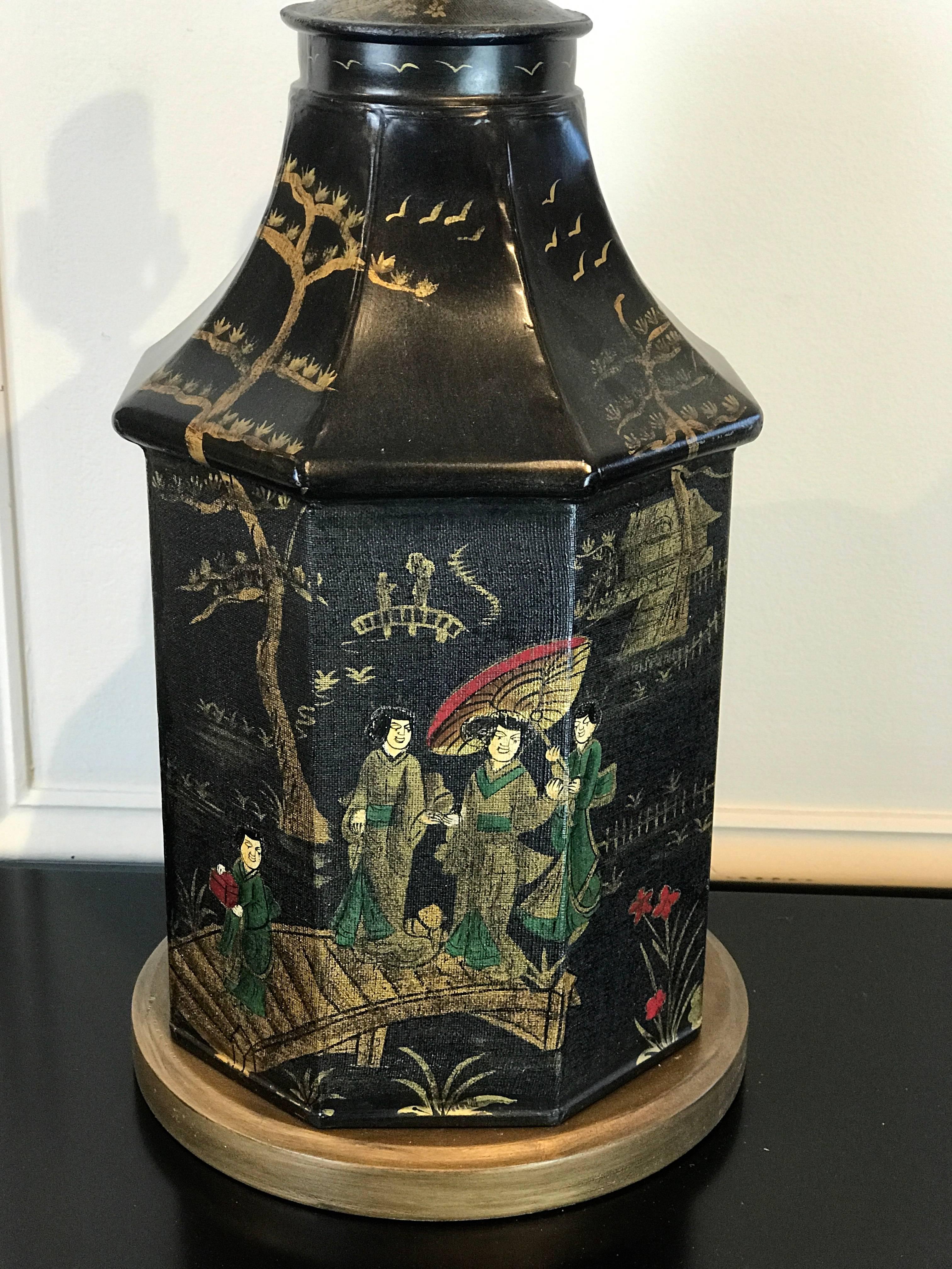 English Pair of Tole Chinoiserie Tea Canisters, Now as Lamps For Sale
