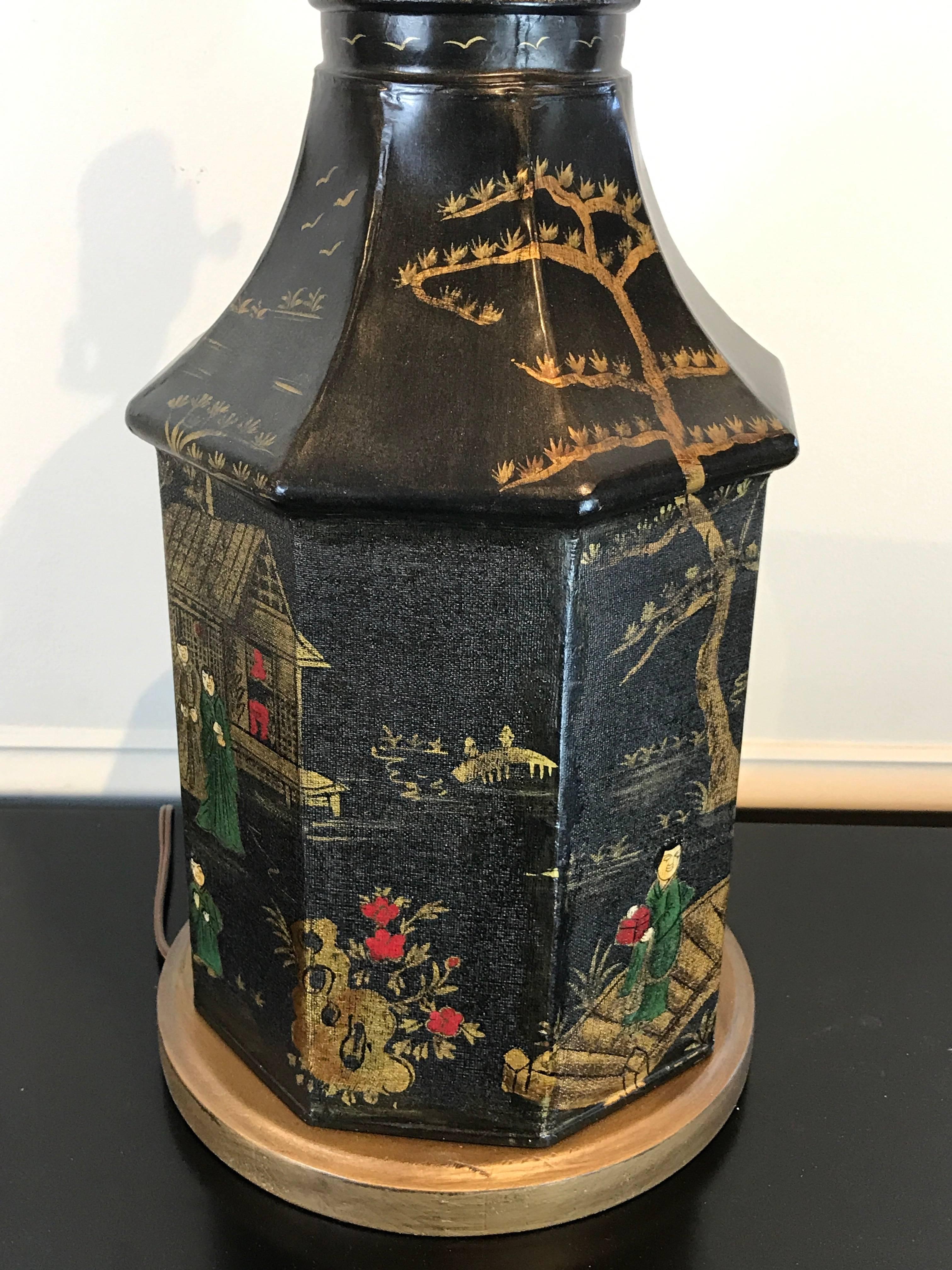 20th Century Pair of Tole Chinoiserie Tea Canisters, Now as Lamps For Sale