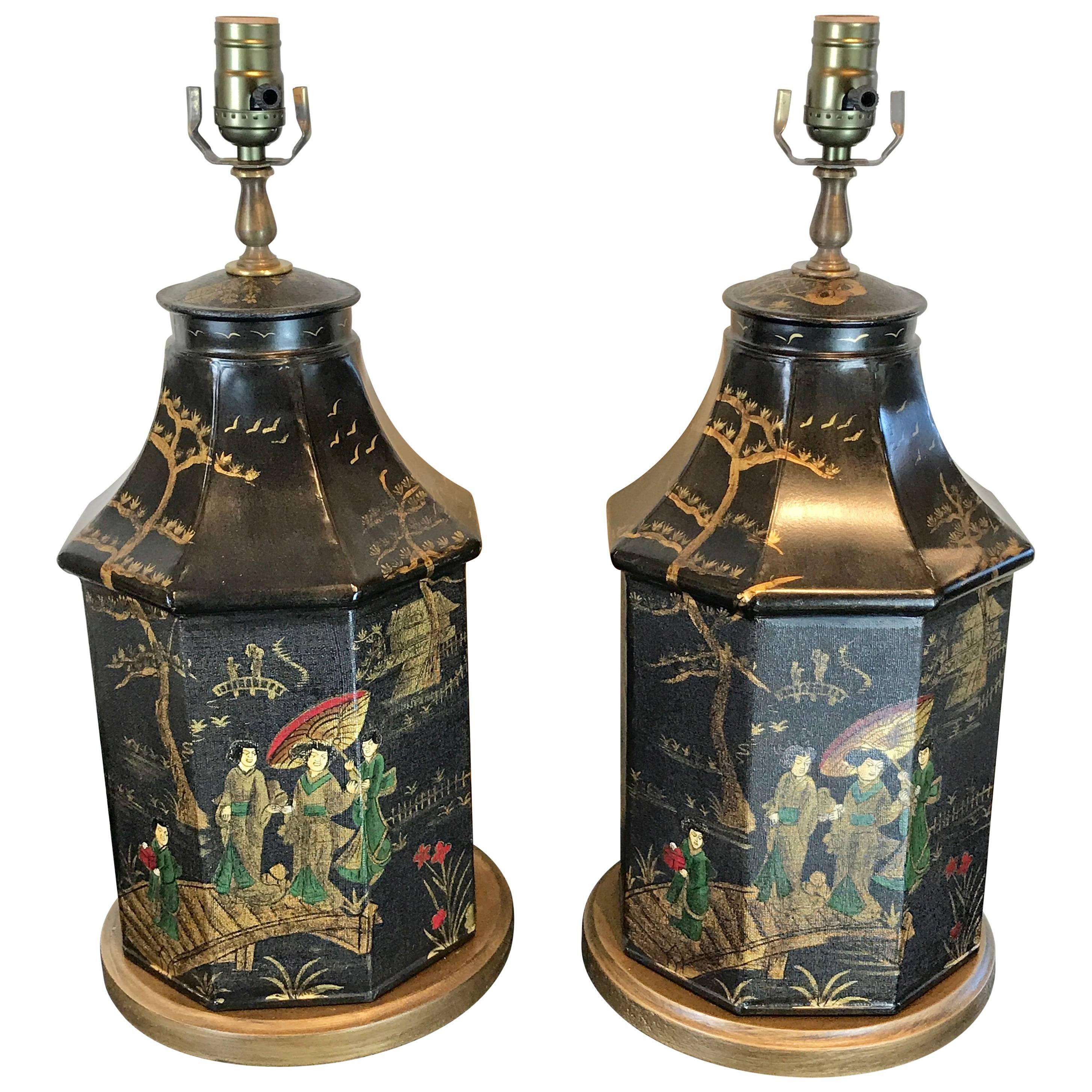 Pair of Tole Chinoiserie Tea Canisters, Now as Lamps For Sale