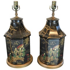 Pair of Tole Chinoiserie Tea Canisters, Now as Lamps