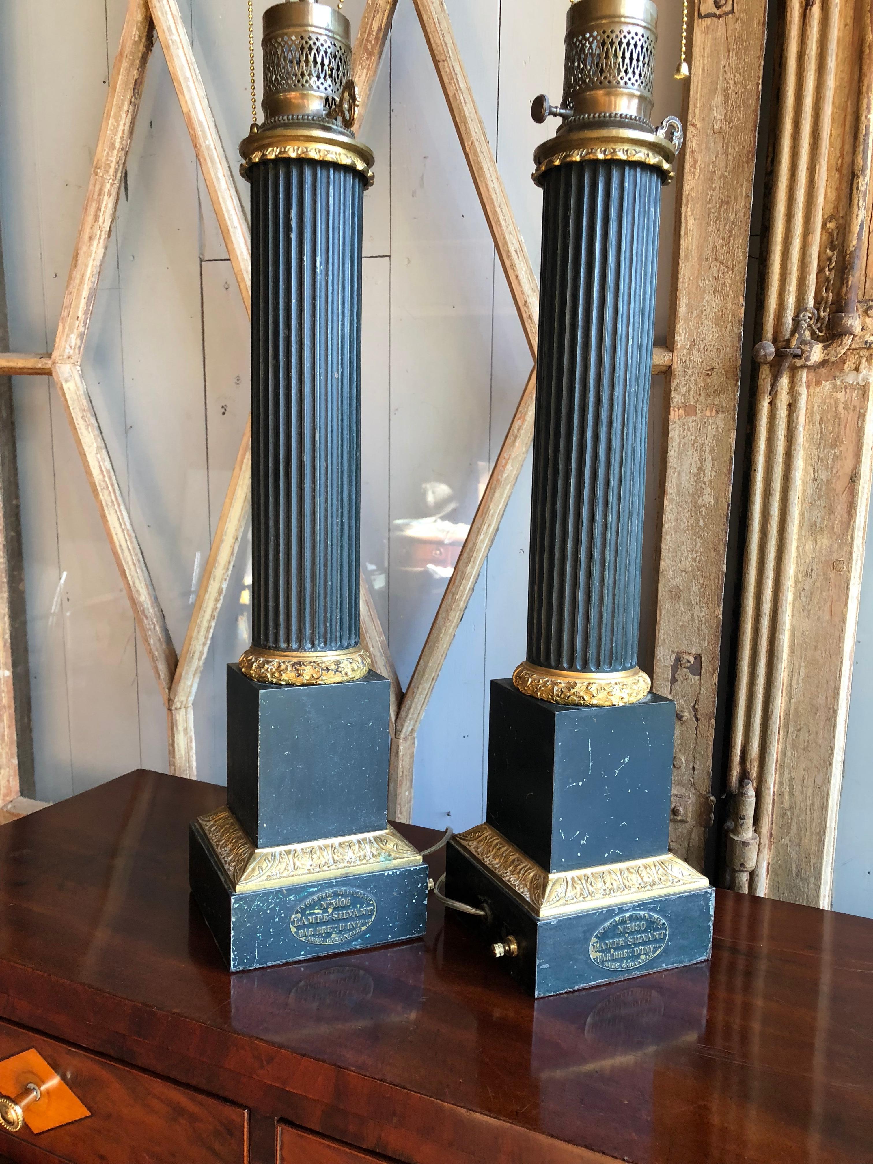 Tin Pair of Tole Column-Form Lamps, 19th Century