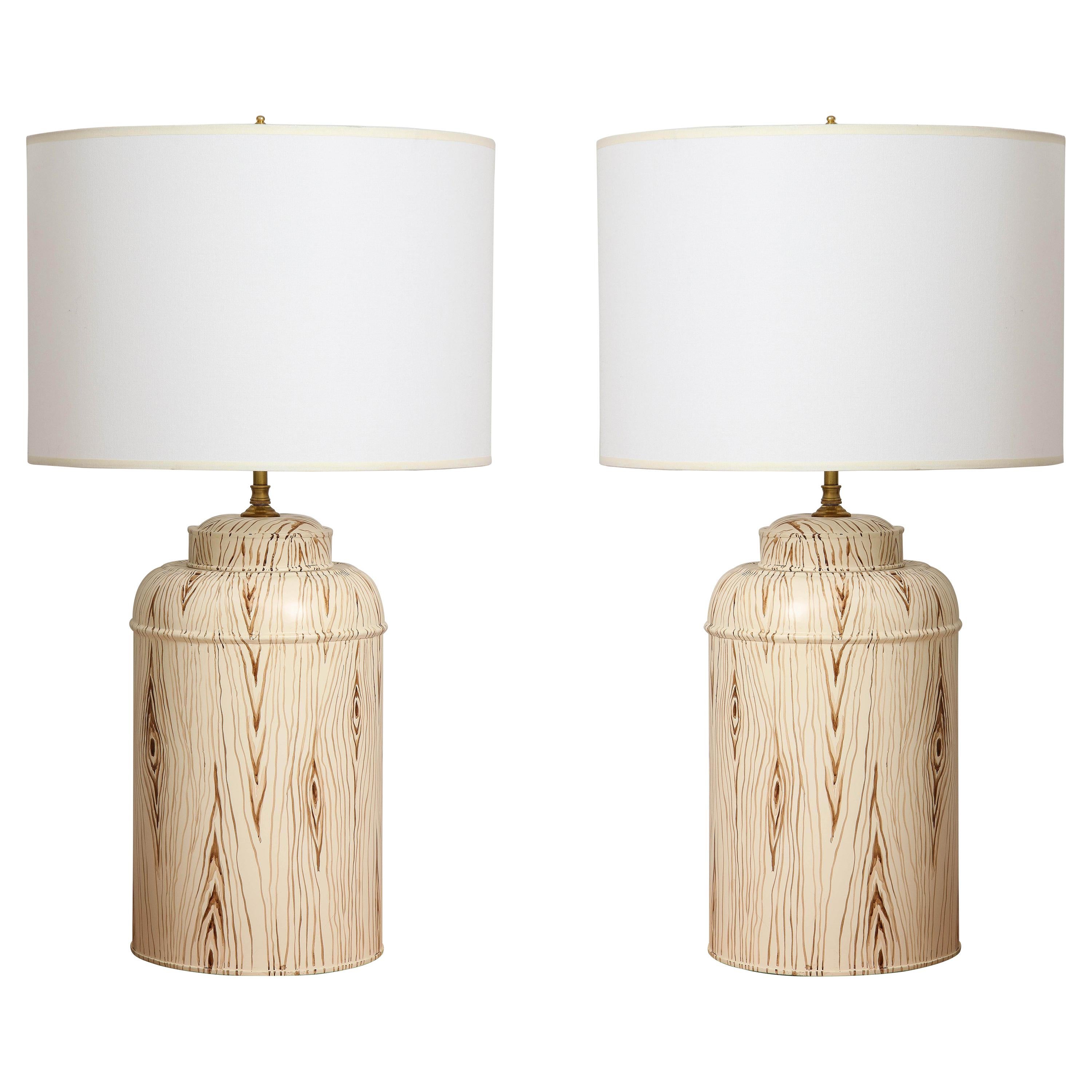 Pair of Tole Faux-Painted Canister Lamps