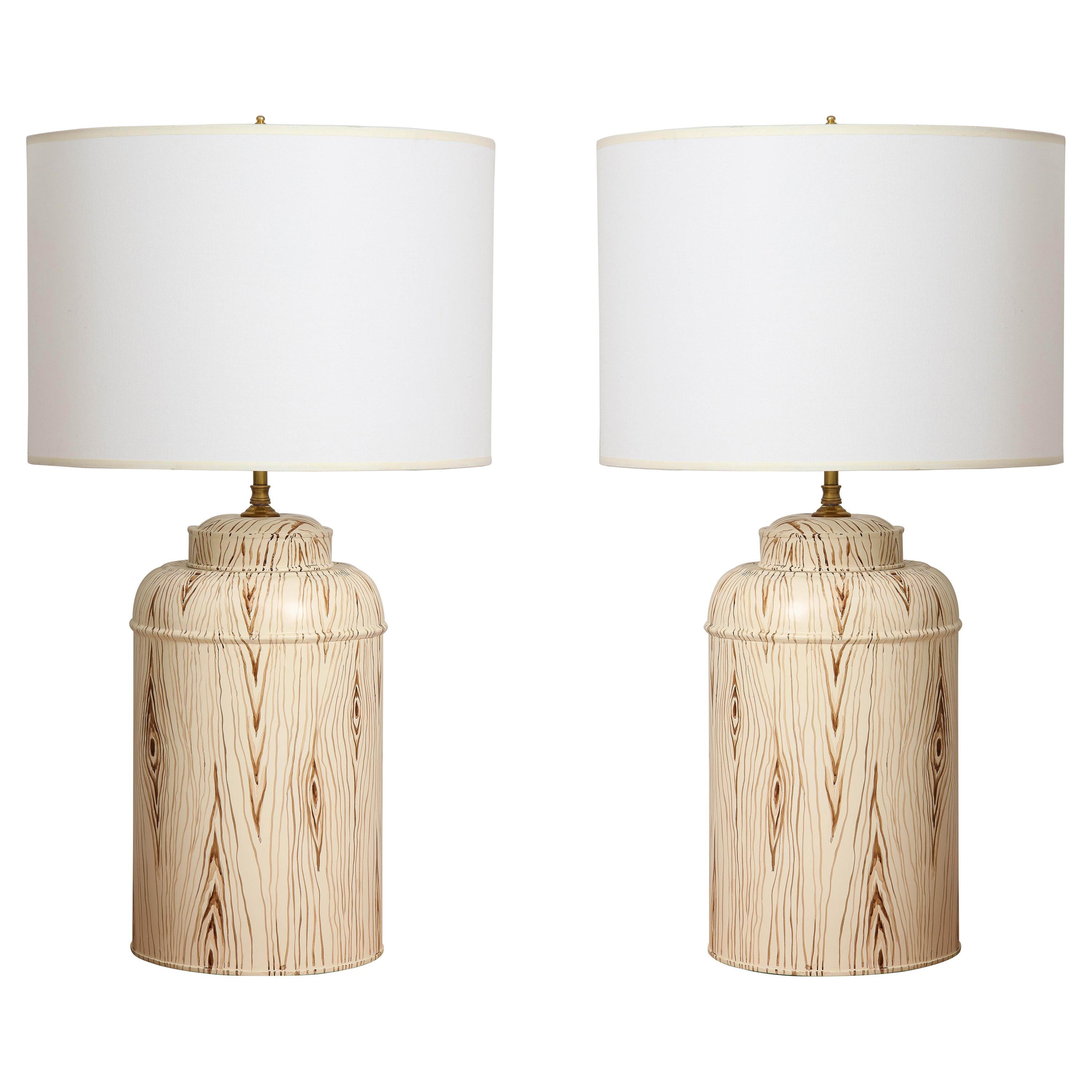 Pair of Tole Faux-Painted Canister Lamps For Sale