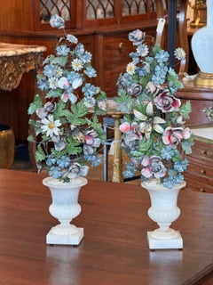 Pair of Tole Flowers in Alabaster Urns