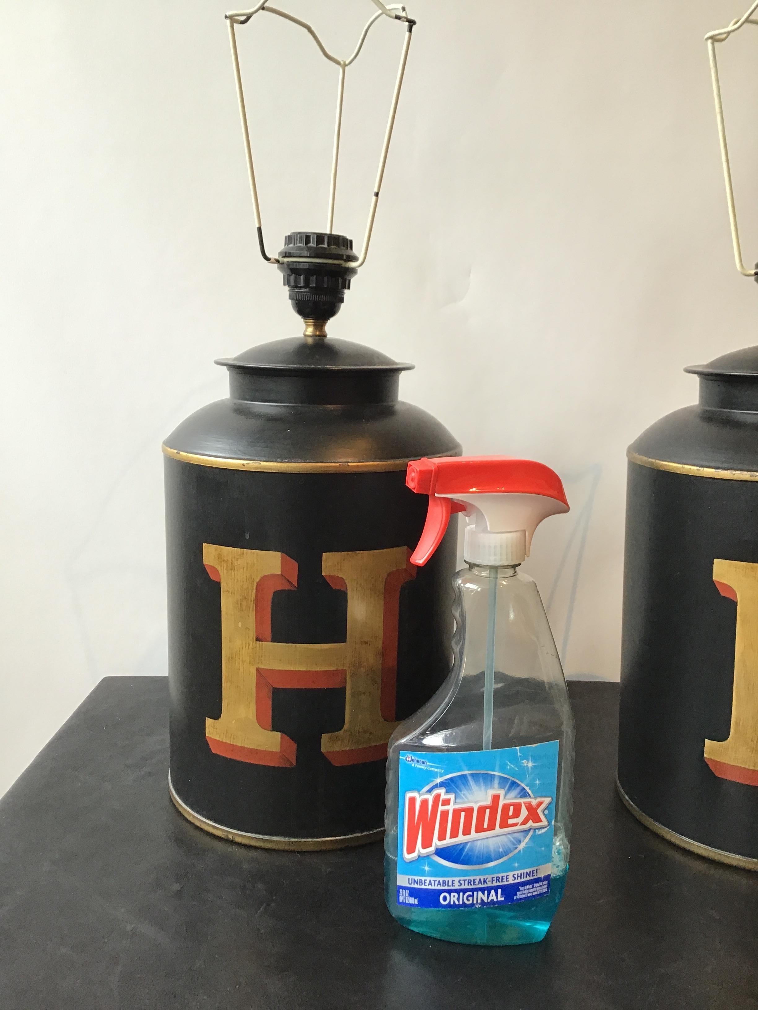 Pair of Tole “H” Tea Canister Lamps by Woolpit Interiors In Good Condition In Tarrytown, NY
