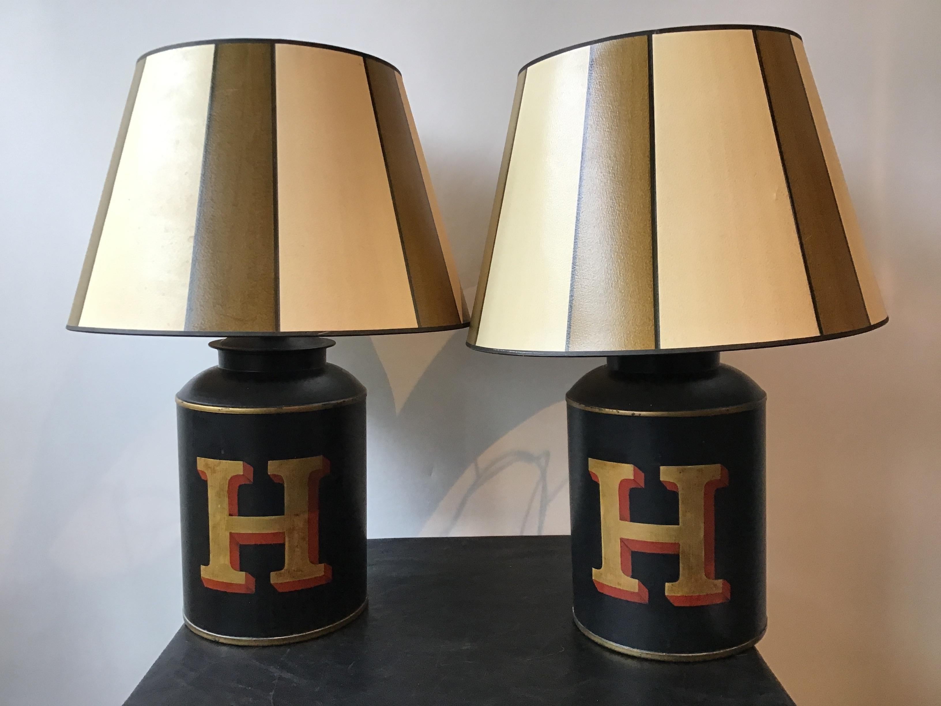 Contemporary Pair of Tole “H” Tea Canister Lamps by Woolpit Interiors
