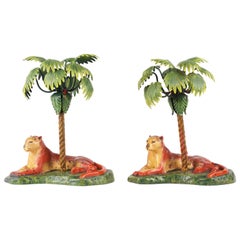 Pair of Tole Jaguar Candlesticks with Palms