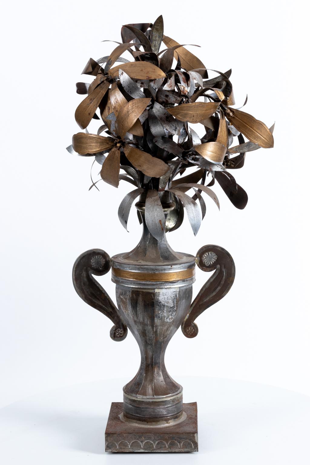 Neoclassical Pair of Tole Metal Flowers in Urns
