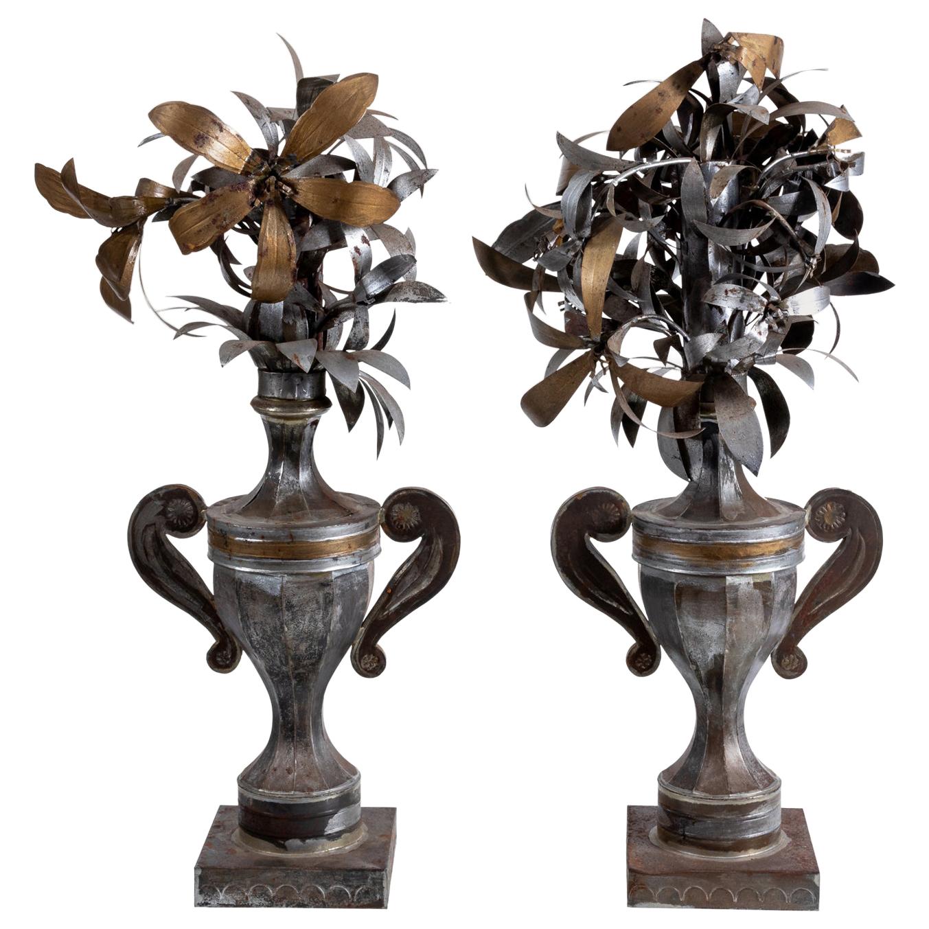 Pair of Tole Metal Flowers in Urns