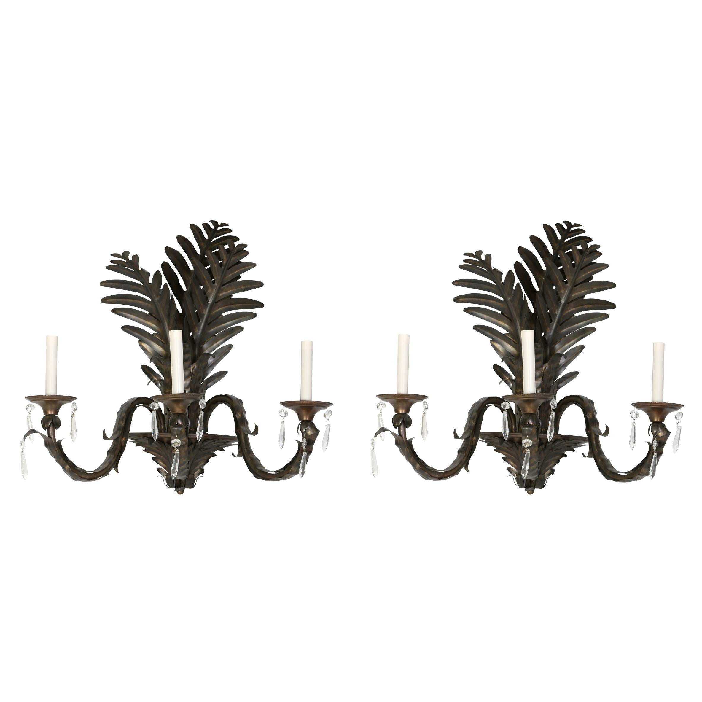 Pair of Tole Metal Palm Frond Three Arm Sconces In Good Condition For Sale In Locust Valley, NY