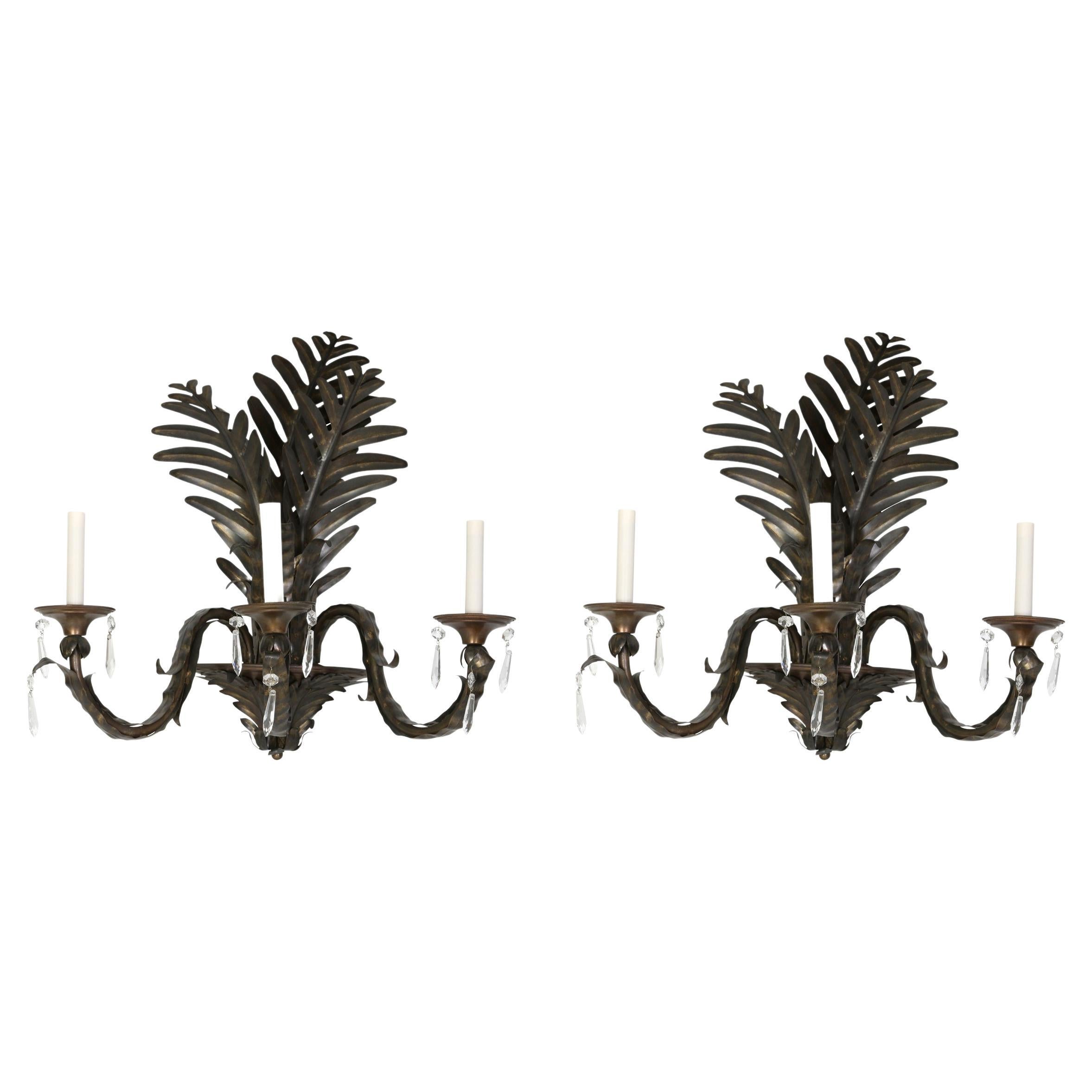 Pair of Tole Metal Palm Frond Three Arm Sconces