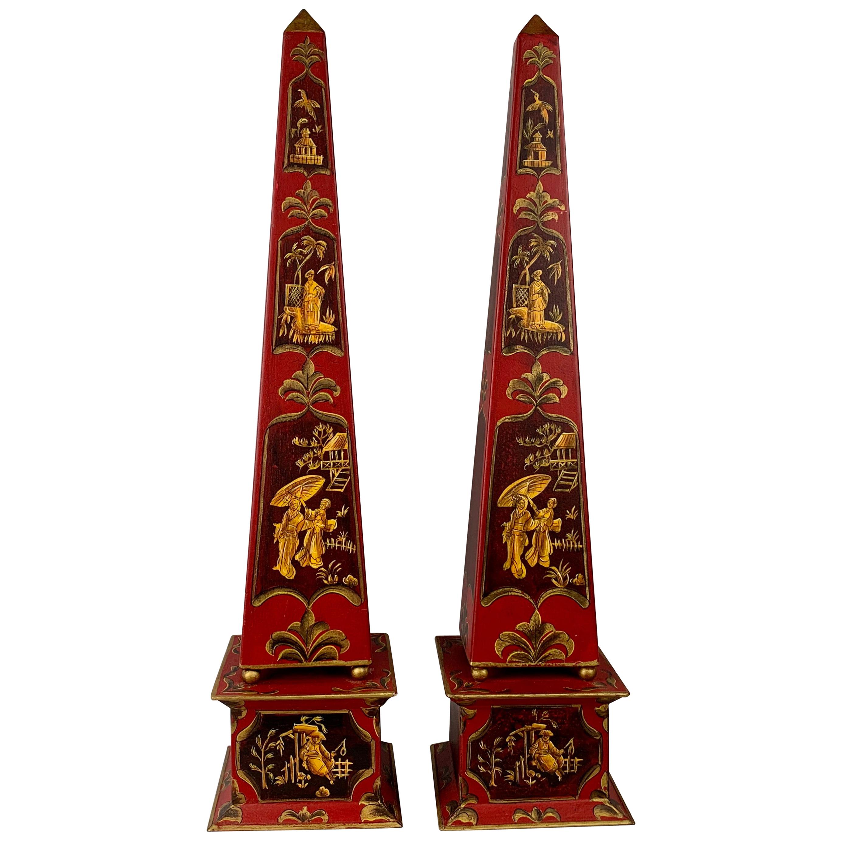 Hand Painted Red Tôle Chinoiserie Obelisks,  22.25" Tall-A Pair