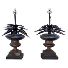 Pair of Tole Palm Frond in Urn Table Lamps
