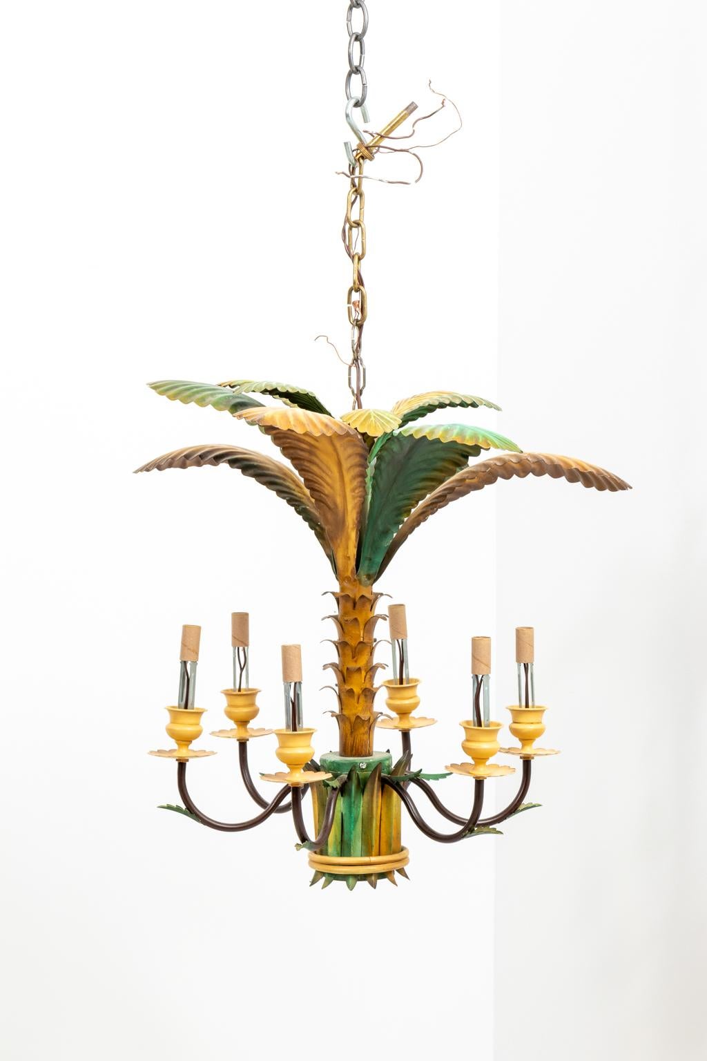 Painted Pair of Tole Palm Tree Chandeliers For Sale