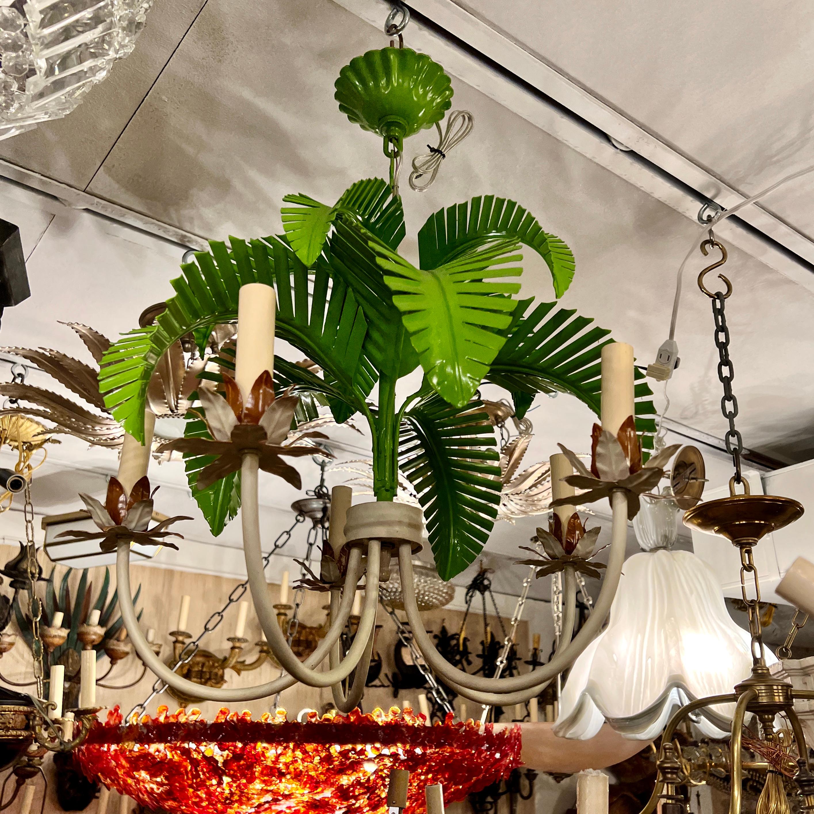 Painted Pair of Tole Palm Tree Chandeliers, Sold Individually For Sale