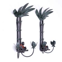 Pair of Tole Palm Tree Monkey Sconces