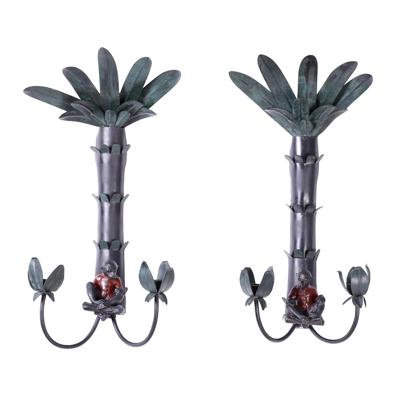 Pair of Tole Palm Tree Monkey Sconces