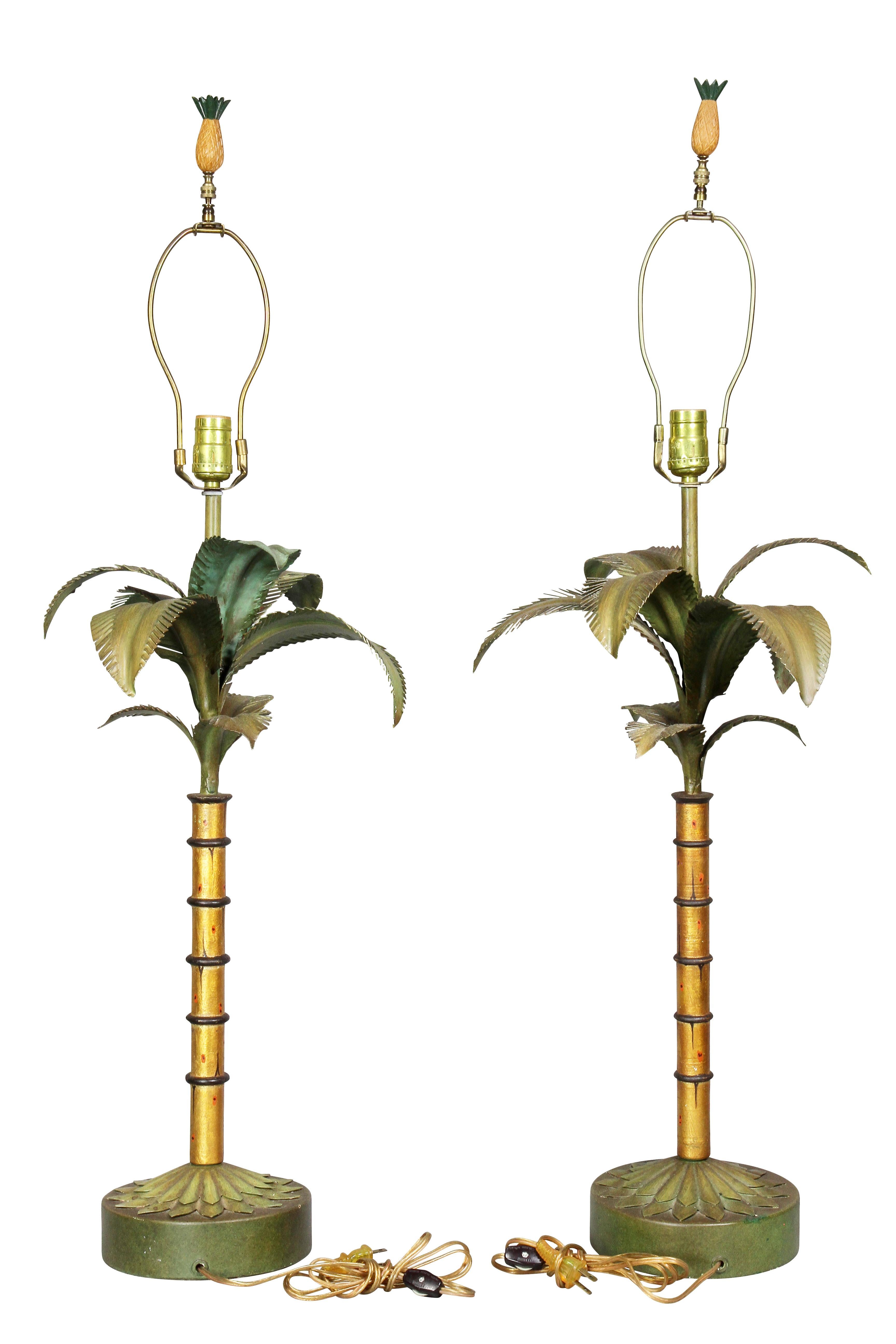 Metal Pair of Tole Palm Tree Table Lamps