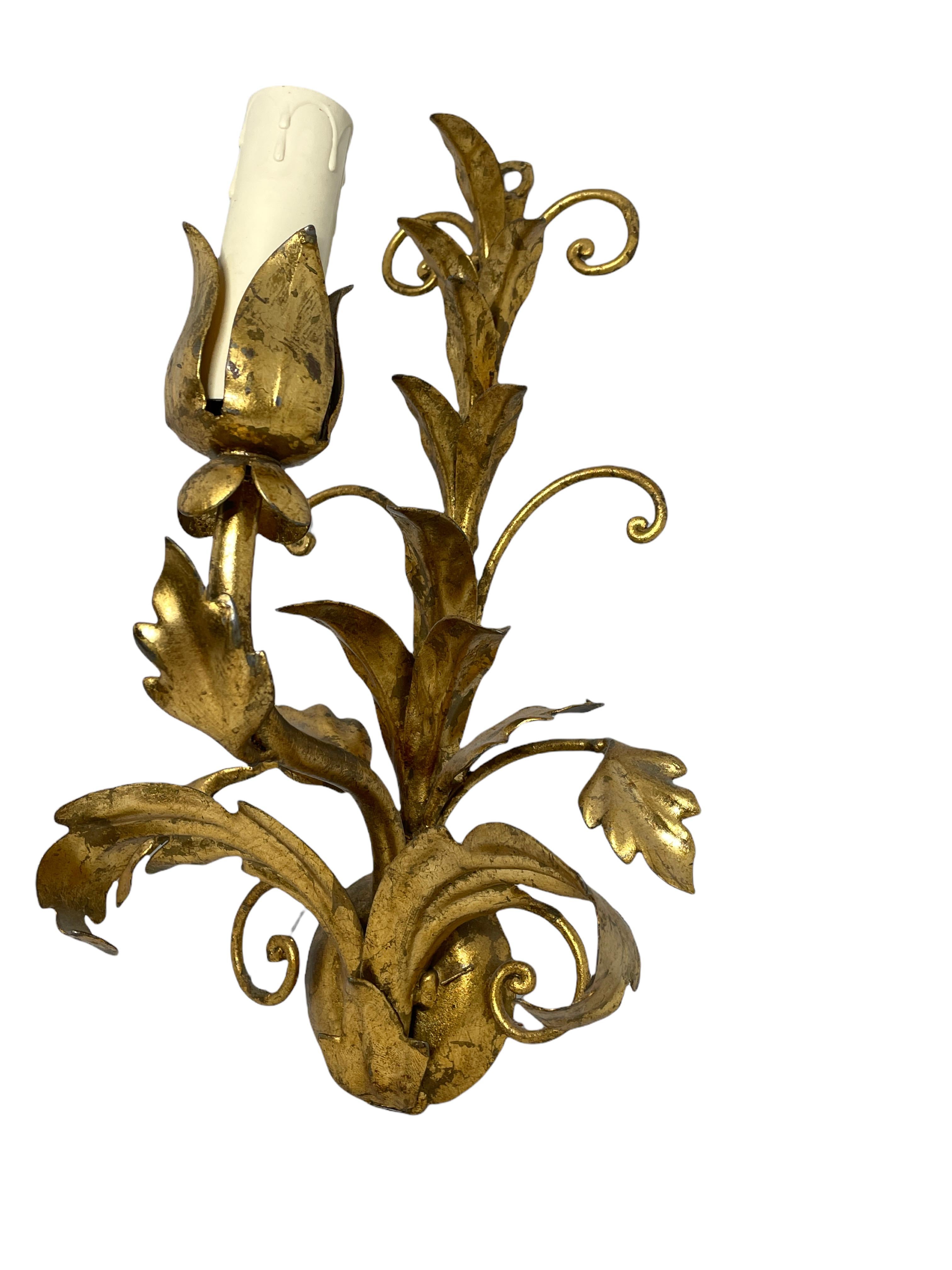 Hollywood Regency Pair of Tole Sconces Gilded Metal, Italy, 1960s