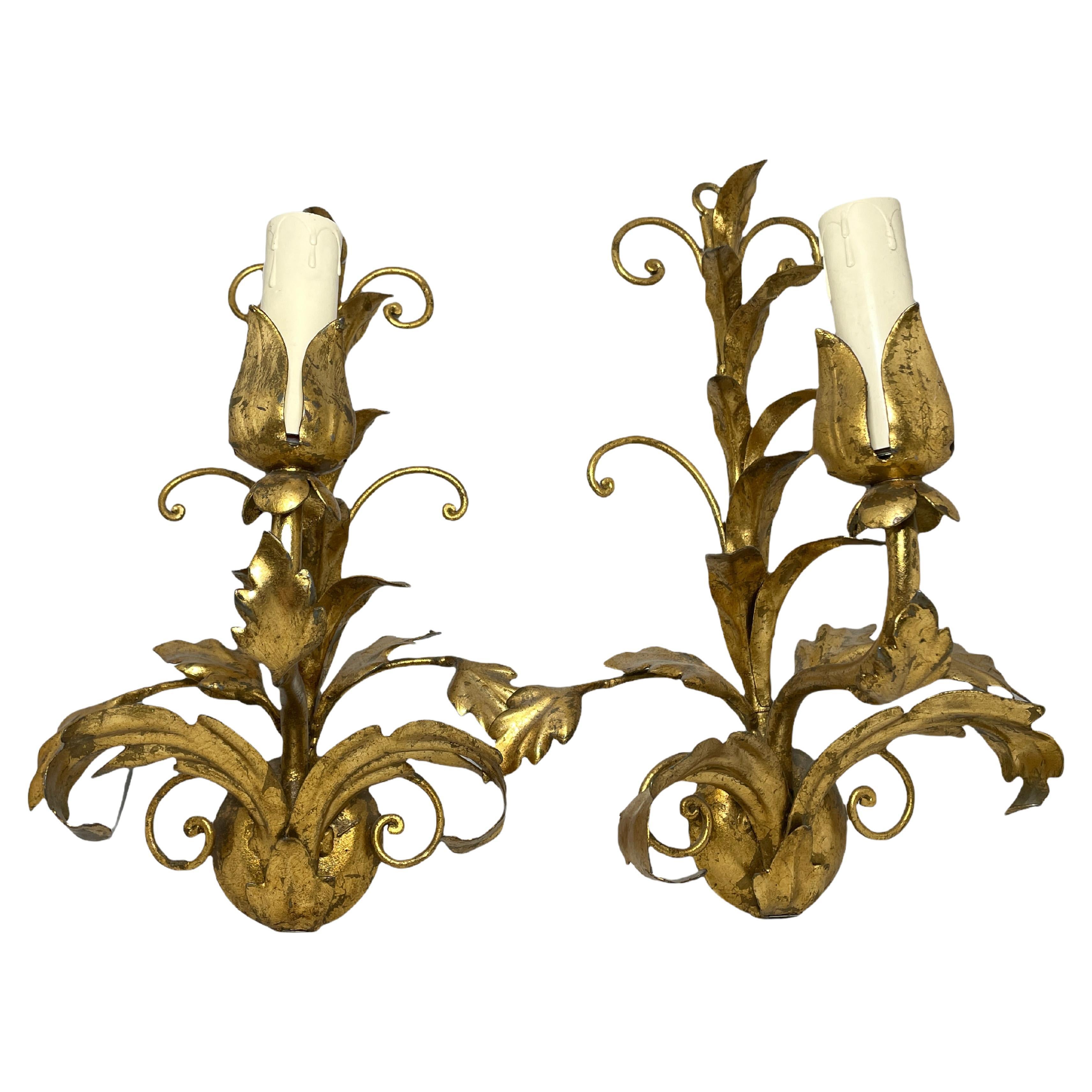 Pair of Tole Sconces Gilded Metal, Italy, 1960s