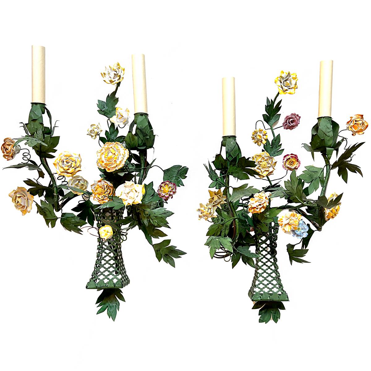 Italian Pair of Tole Sconces with Flowers For Sale