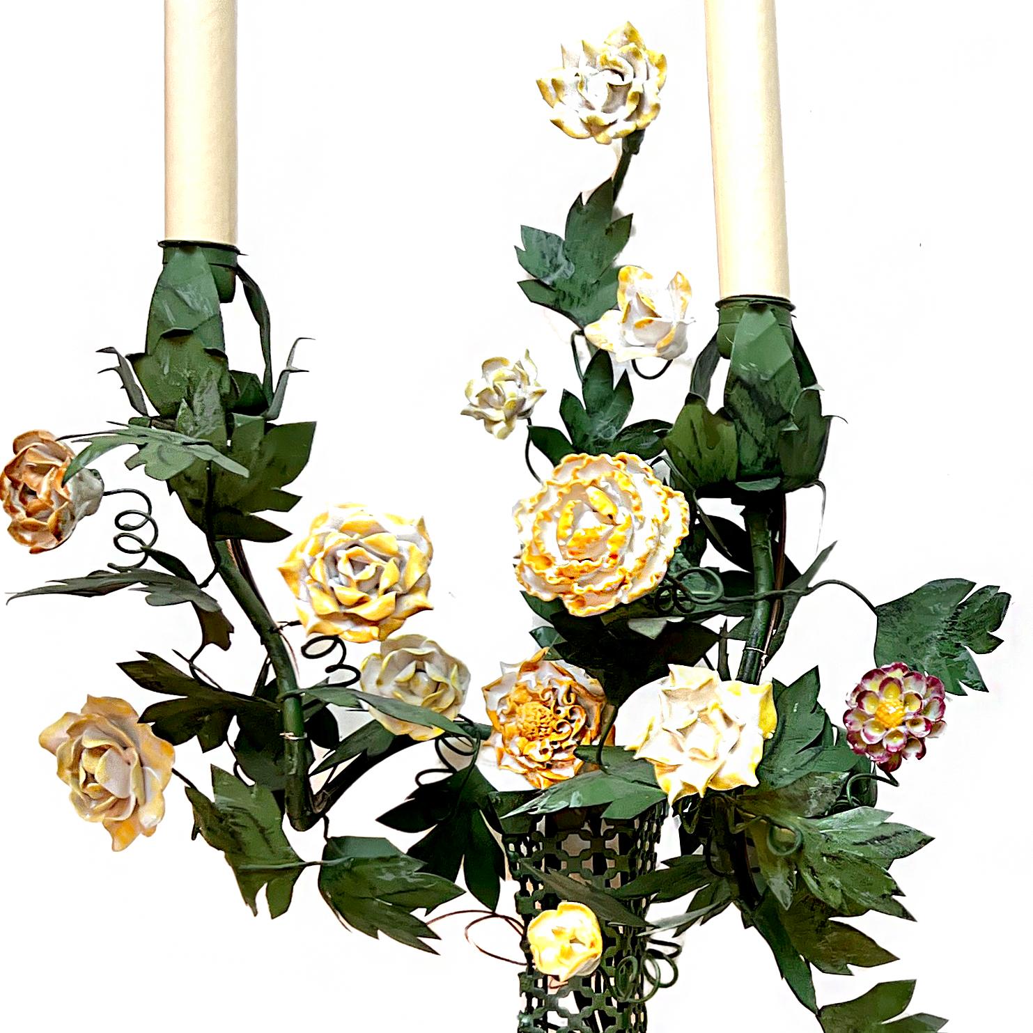 Mid-20th Century Pair of Tole Sconces with Flowers For Sale