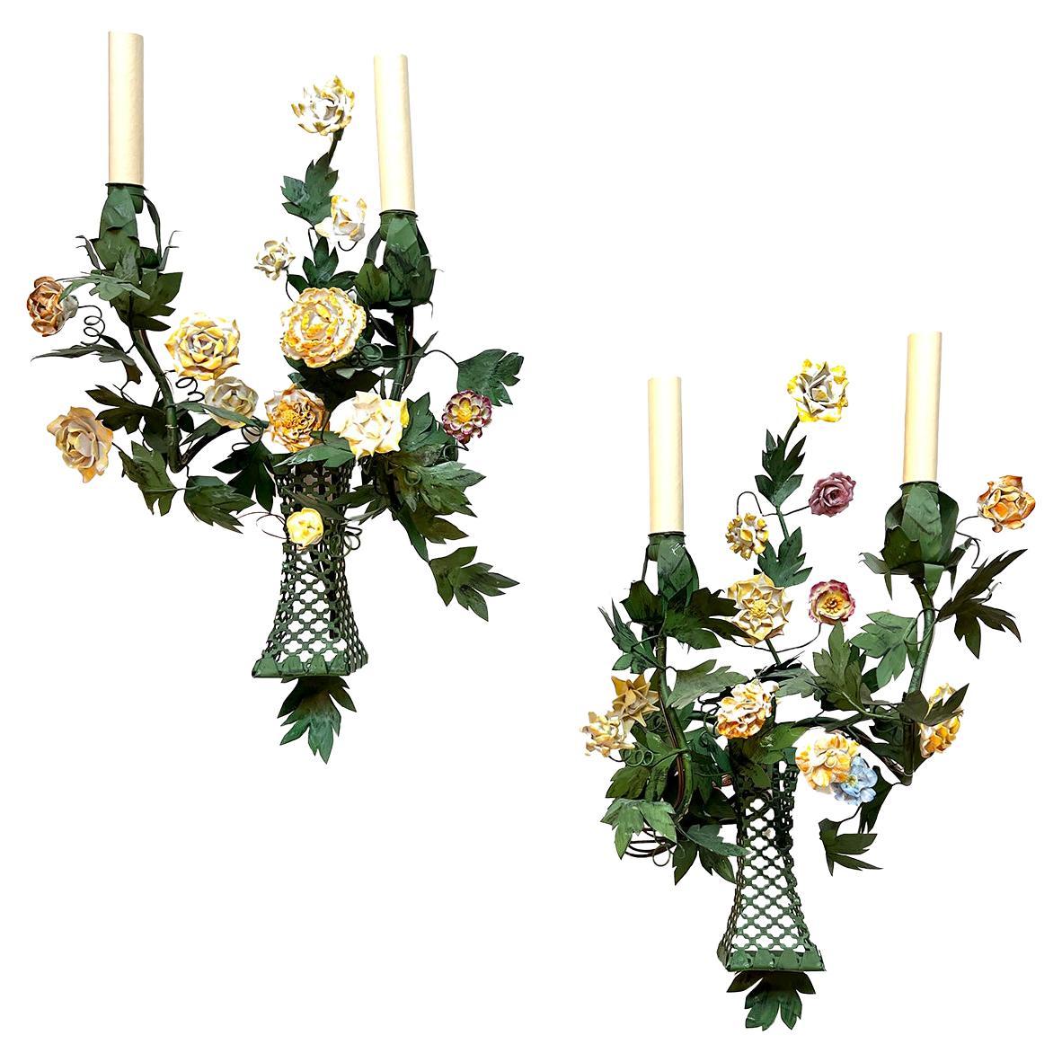 Pair of Tole Sconces with Flowers For Sale
