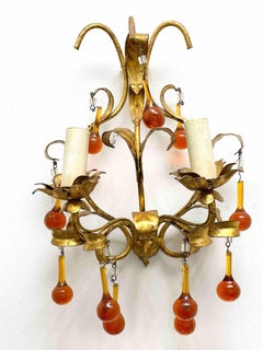 Paire d'appliques Tole avec gouttes de verre en métal doré, Italie, années 1960