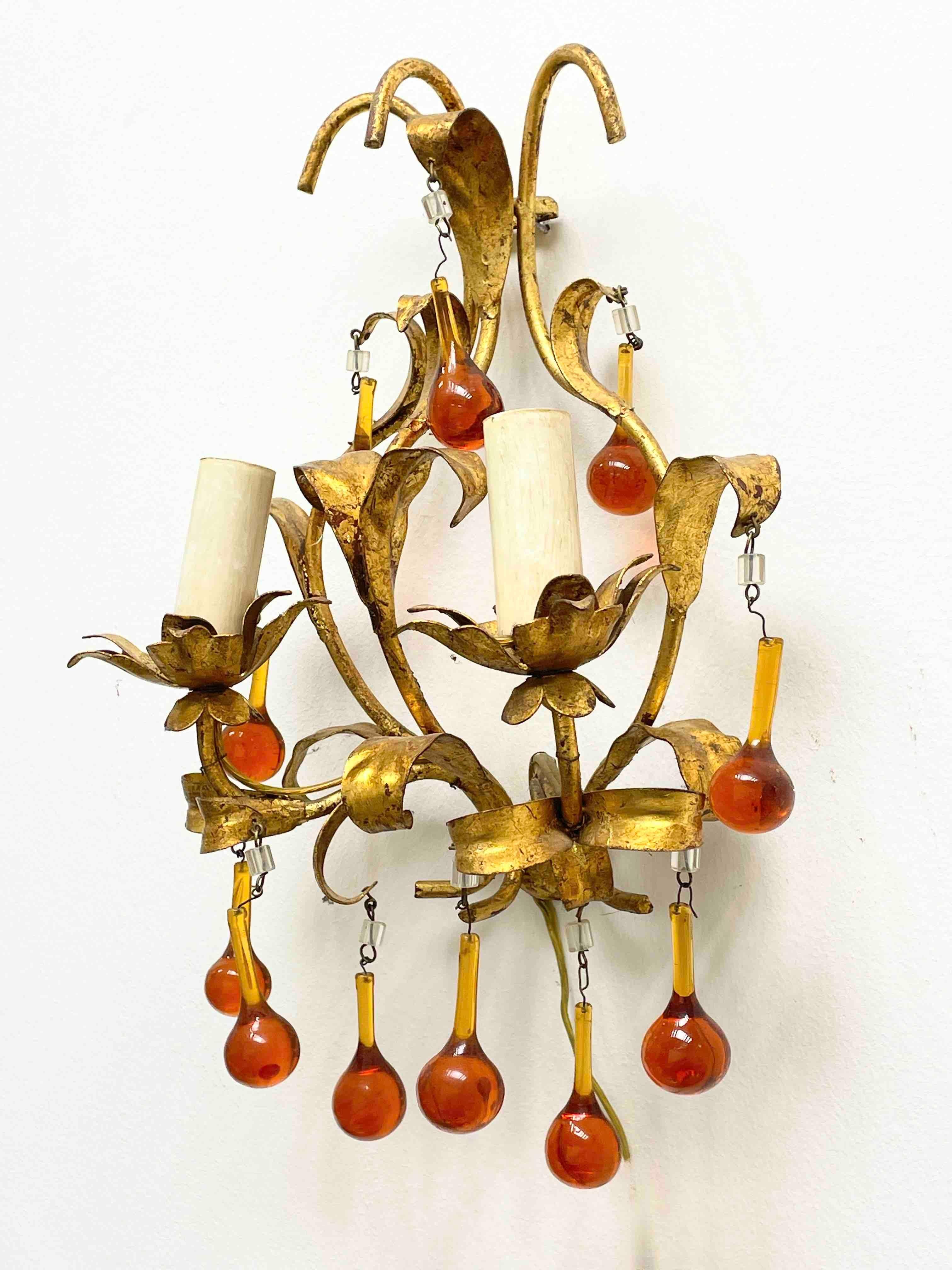 Hollywood Regency Pair of Tole Sconces with Glass Drops Gilded Metal, Italy, 1960s For Sale