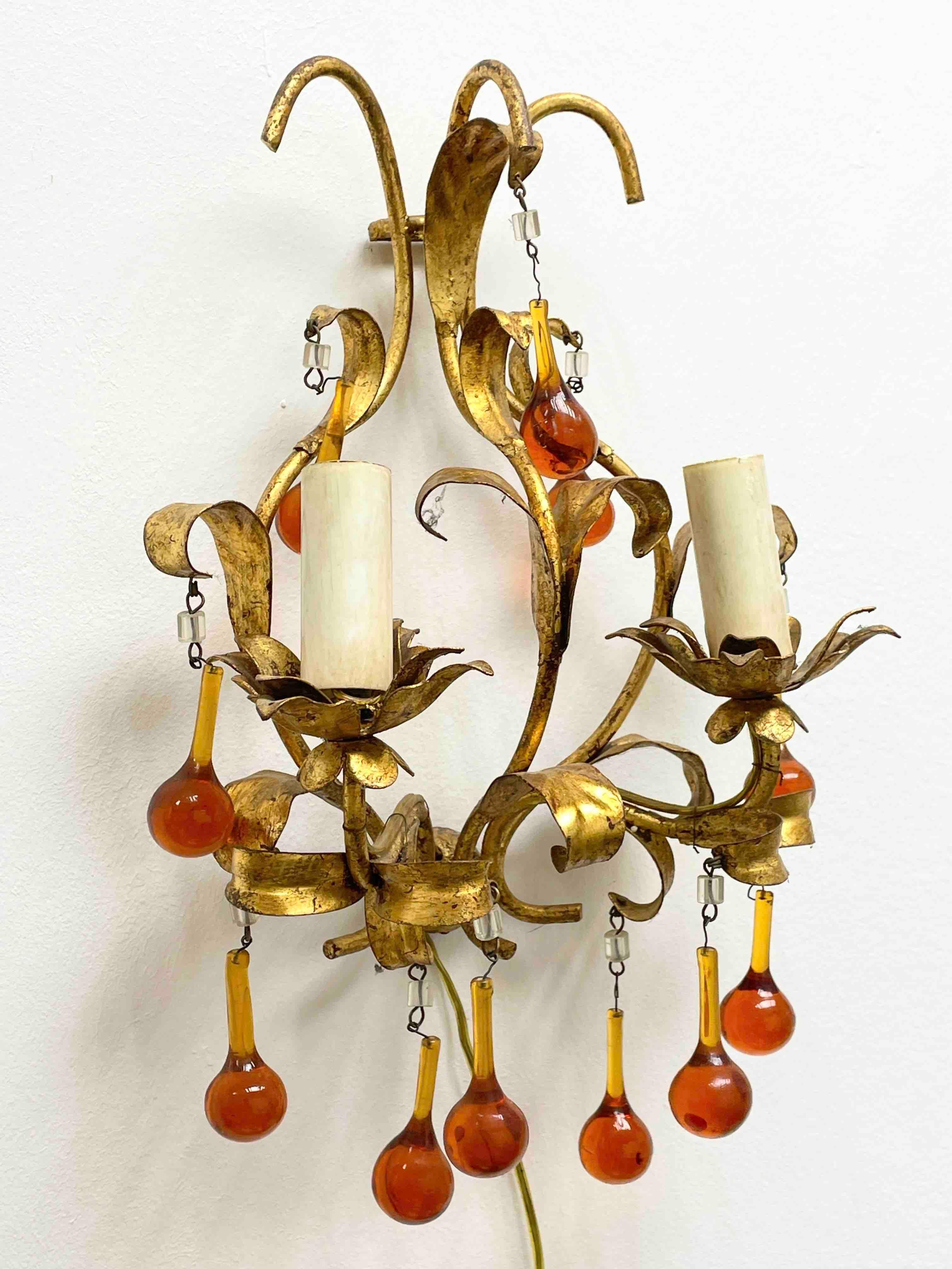 Italian Pair of Tole Sconces with Glass Drops Gilded Metal, Italy, 1960s For Sale