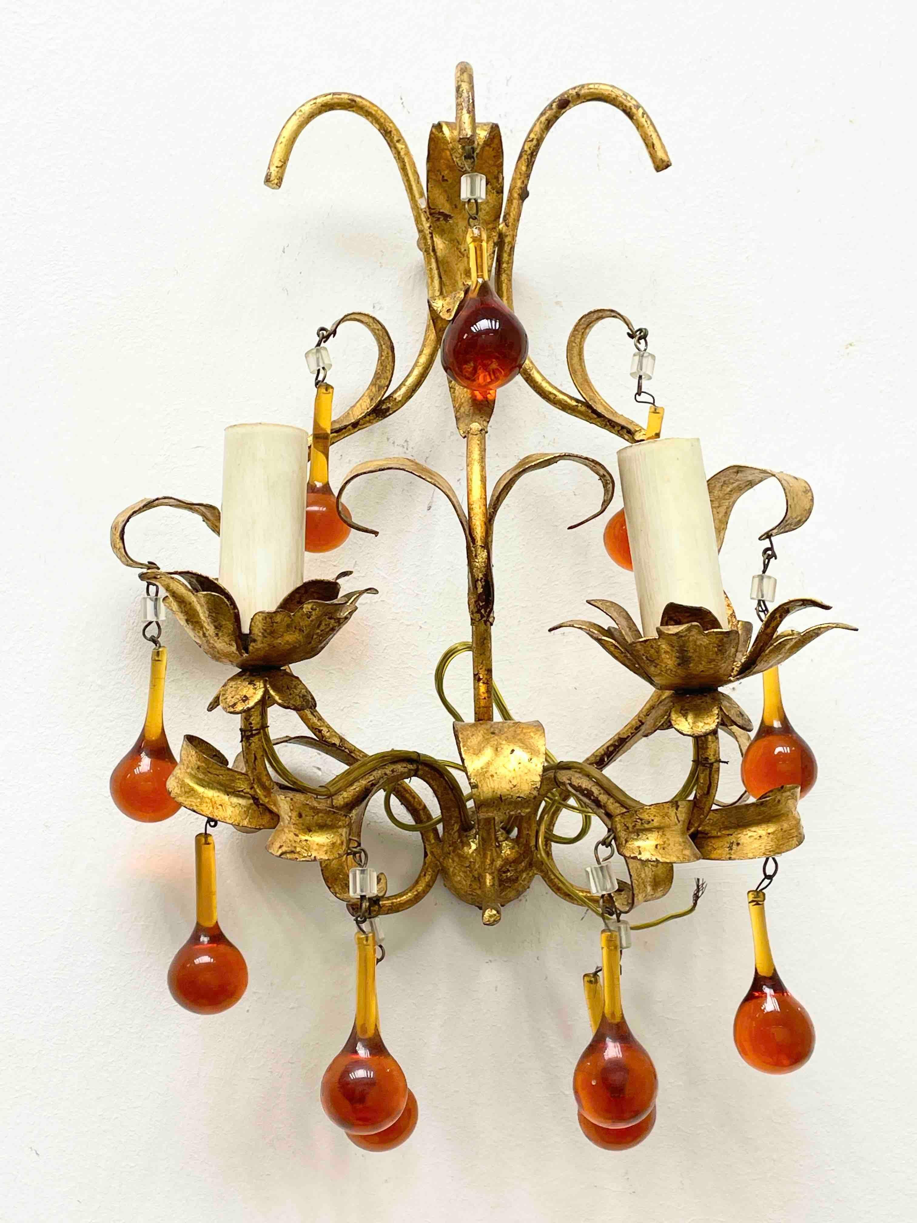 Gilt Pair of Tole Sconces with Glass Drops Gilded Metal, Italy, 1960s For Sale