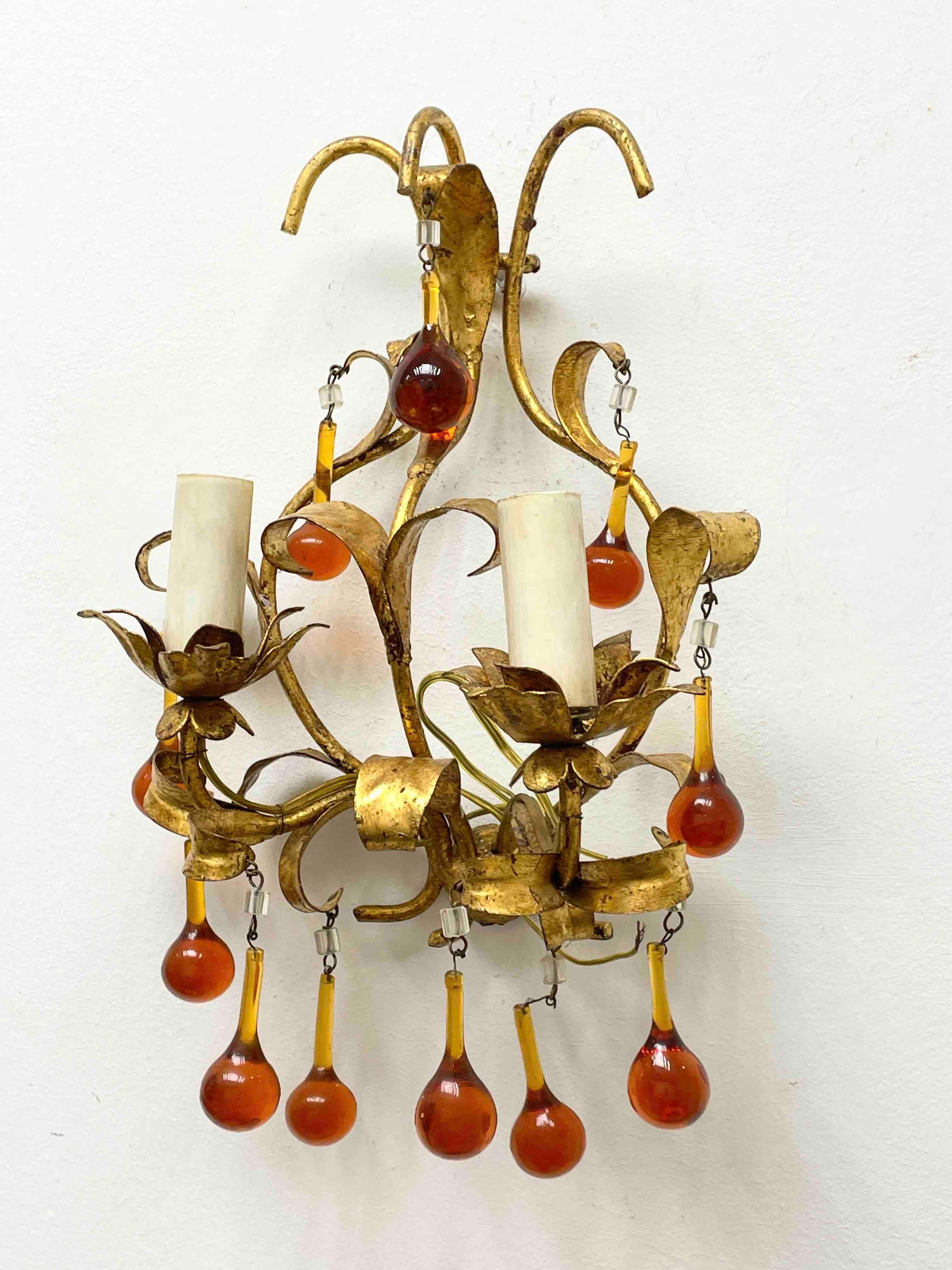Mid-20th Century Pair of Tole Sconces with Glass Drops Gilded Metal, Italy, 1960s For Sale