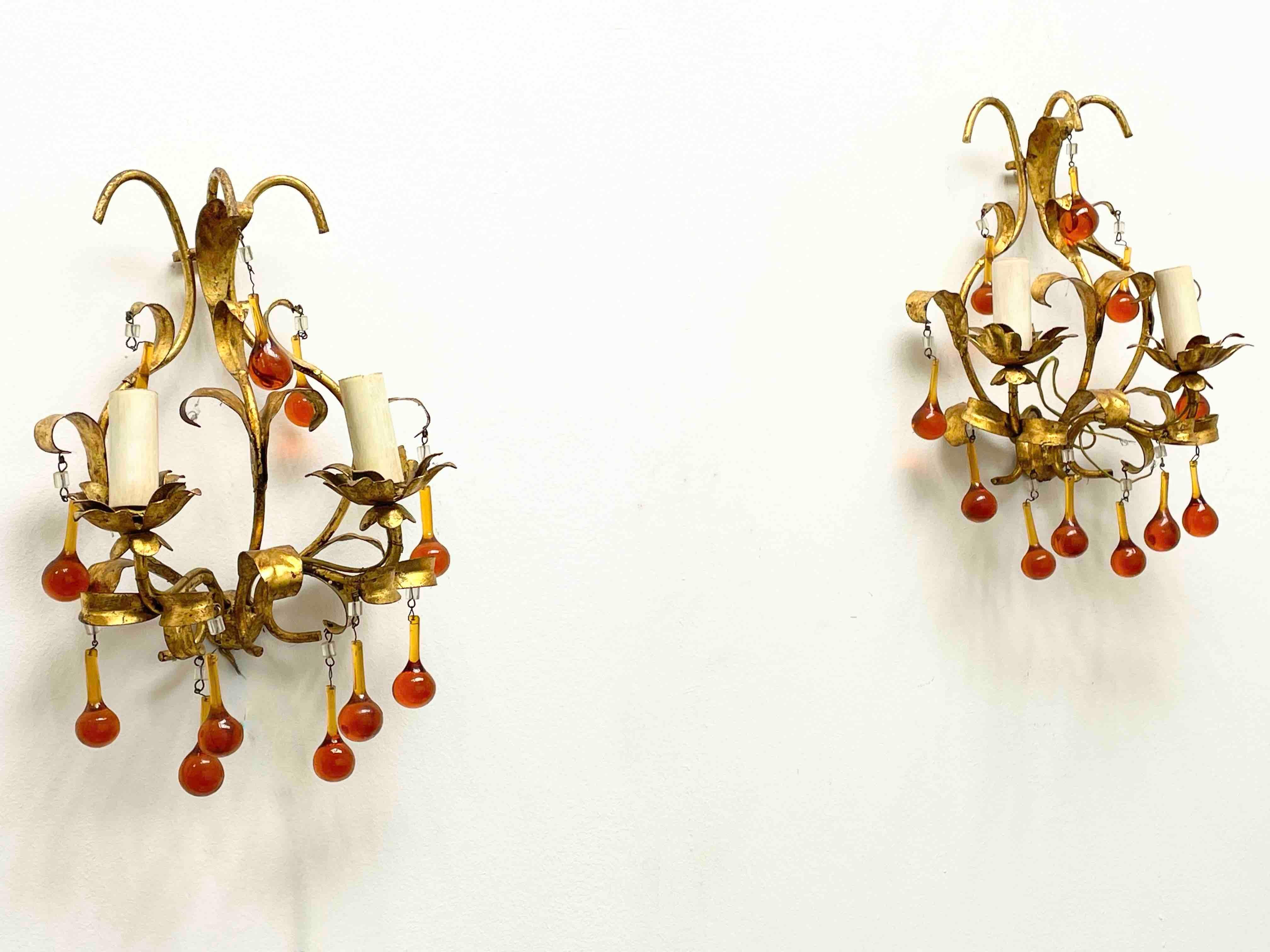 Pair of Tole Sconces with Glass Drops Gilded Metal, Italy, 1960s For Sale 1