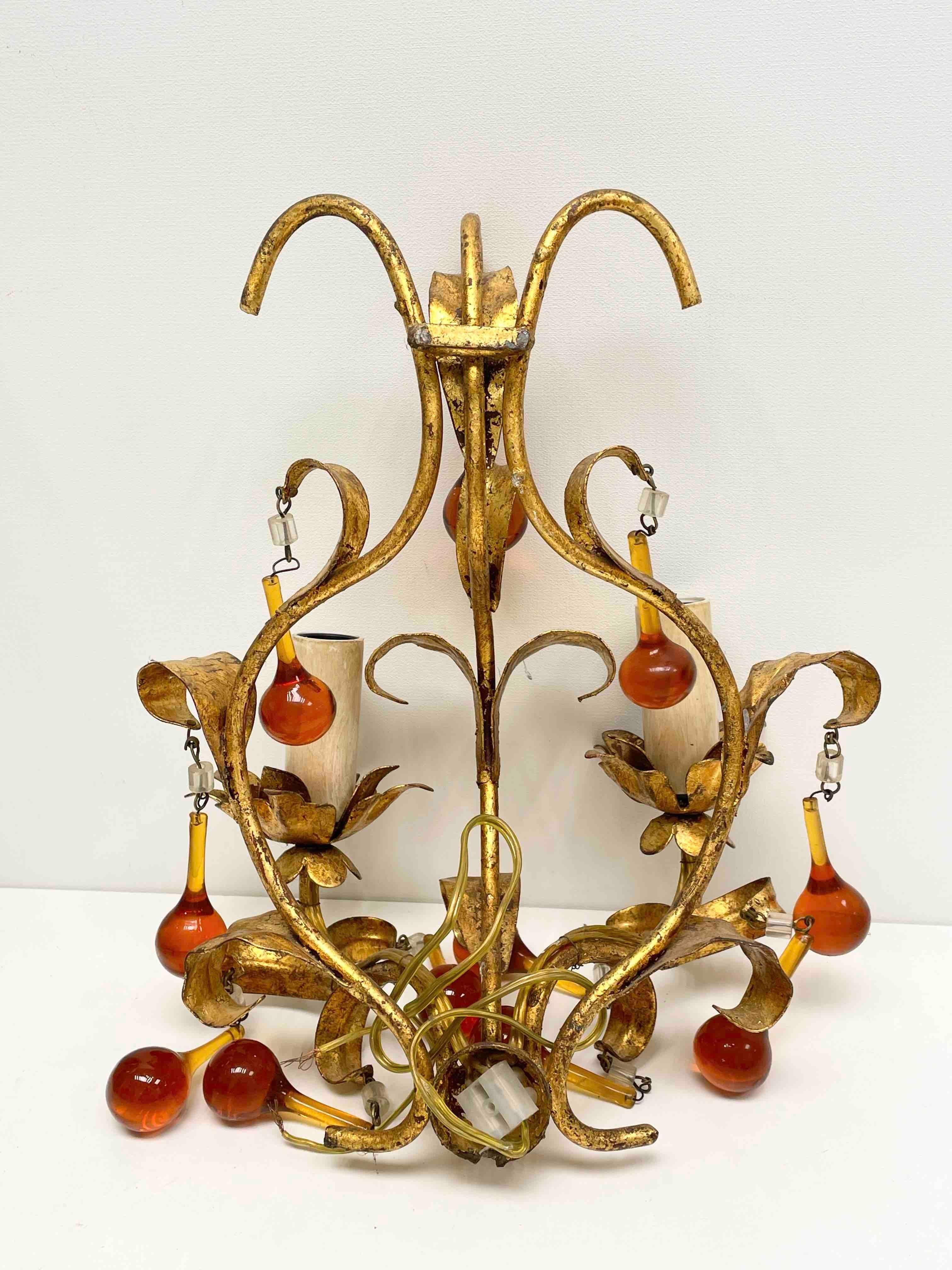 Pair of Tole Sconces with Glass Drops Gilded Metal, Italy, 1960s For Sale 2