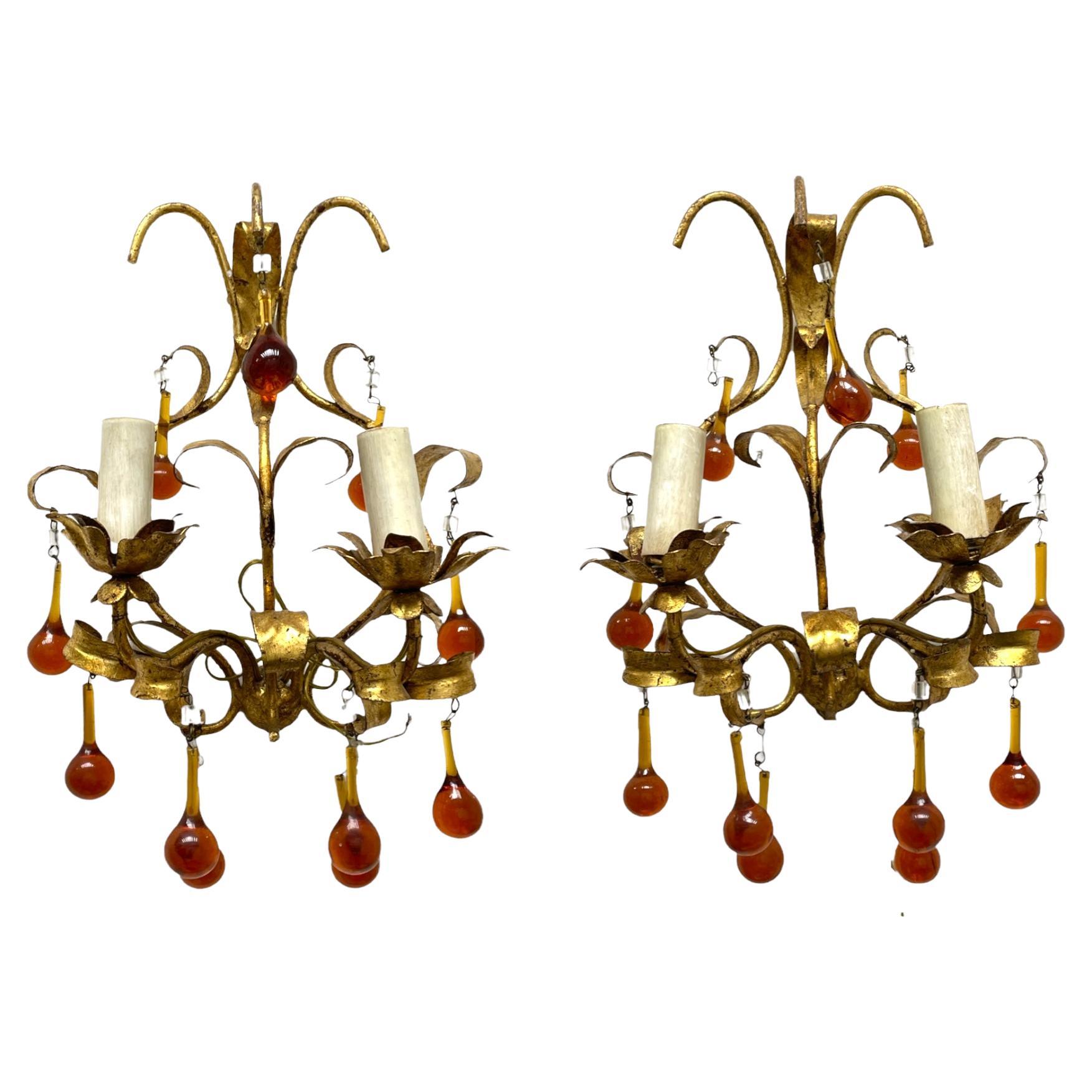 Pair of Tole Sconces with Glass Drops Gilded Metal, Italy, 1960s For Sale