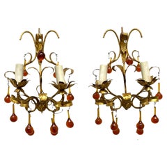 Vintage Pair of Tole Sconces with Glass Drops Gilded Metal, Italy, 1960s
