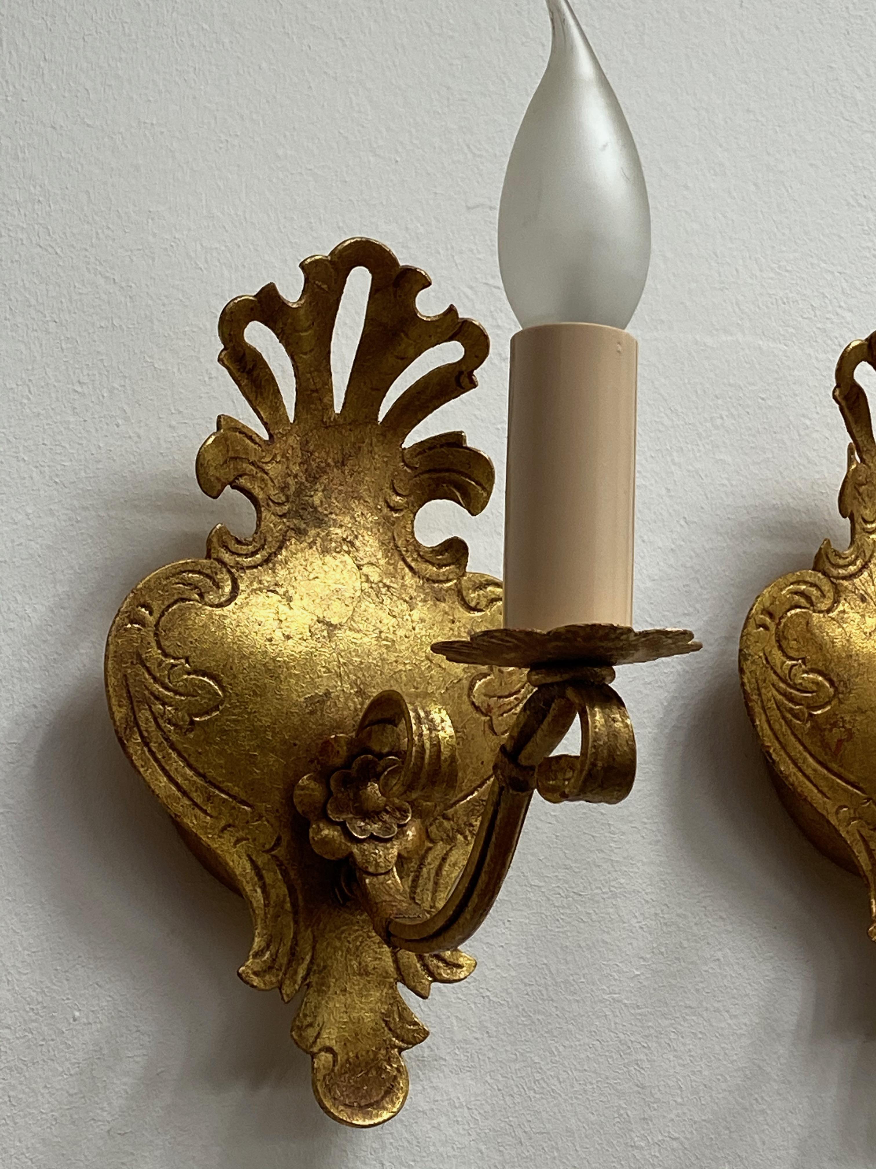 Mid-20th Century Pair of Tole Toleware Sconces Gilded Metal, Reindl Leuchten, 1960s, Germany For Sale
