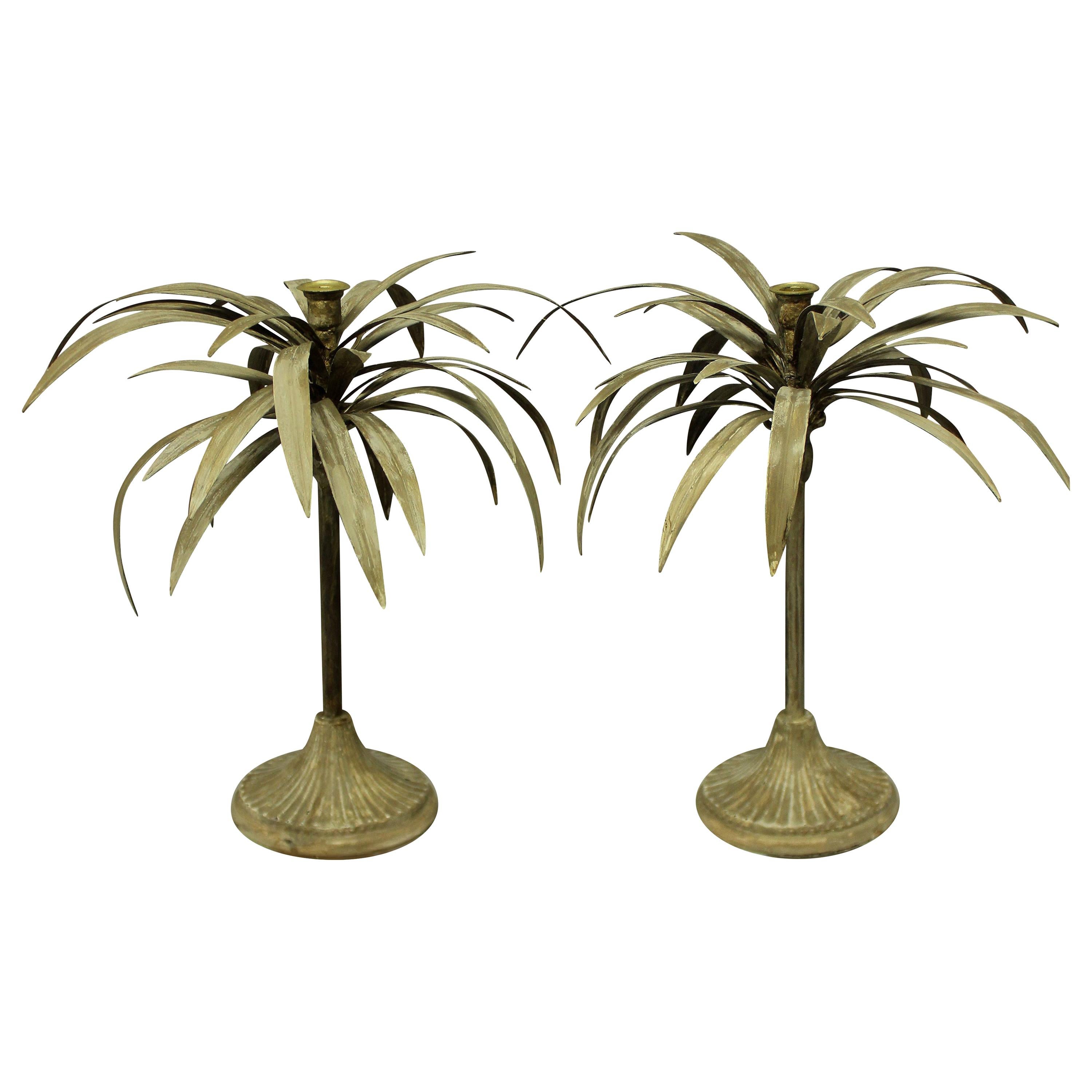 Pair of Toleware Palm Tree Candlesticks