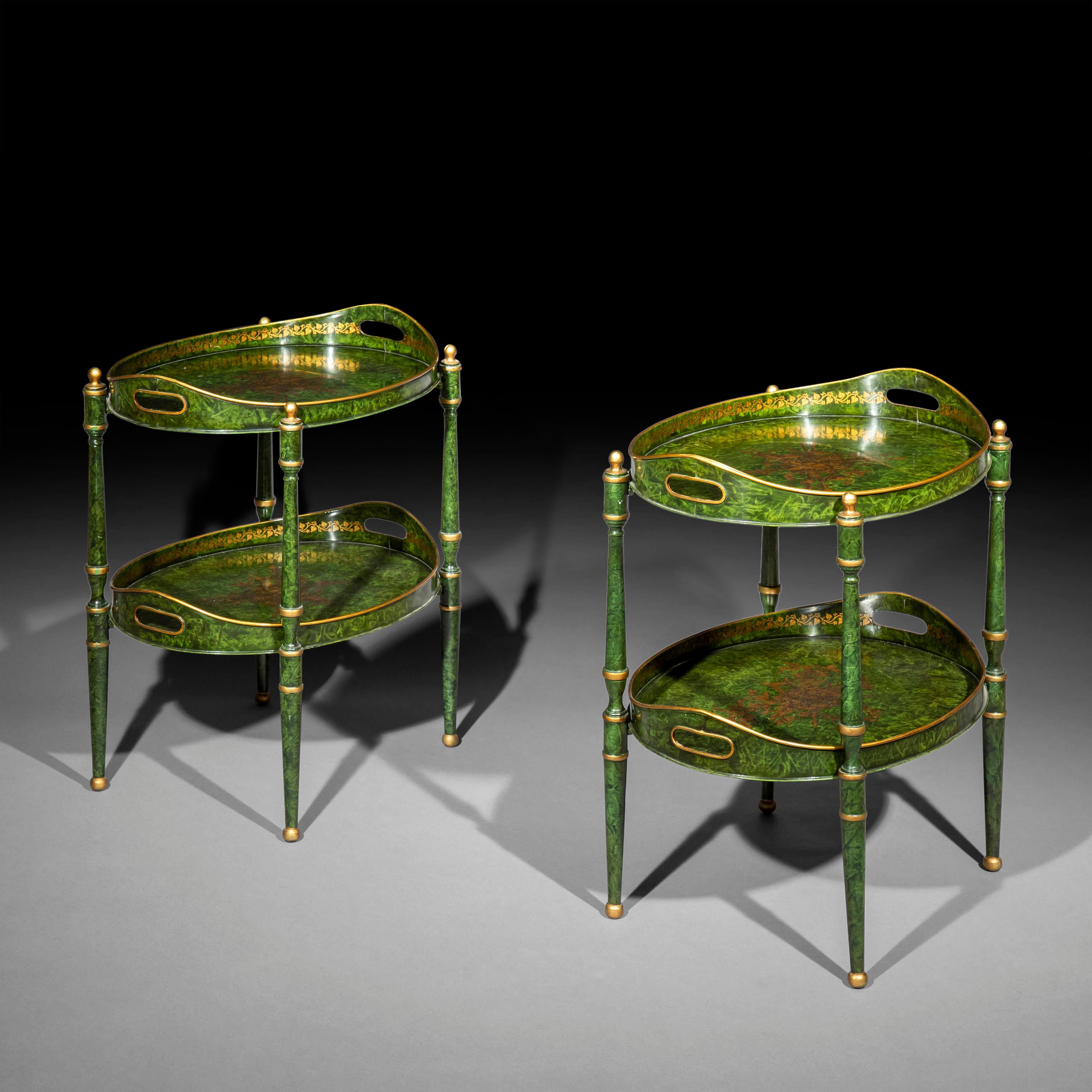 A charming pair of chinoiserie style toleware tray tables or étagères, painted green to simulate stained tortoiseshell.
Italian, third quarter of the 20th century.

Each formed of two trays supported by a folding frame.