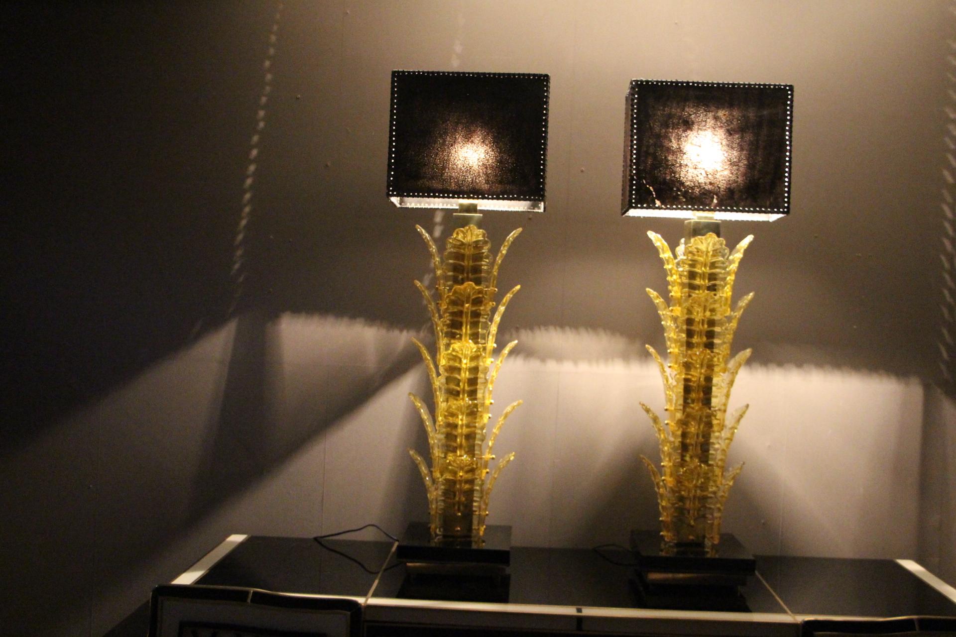 Brass Pair of Tall Yellow Murano Glass Table Lamps