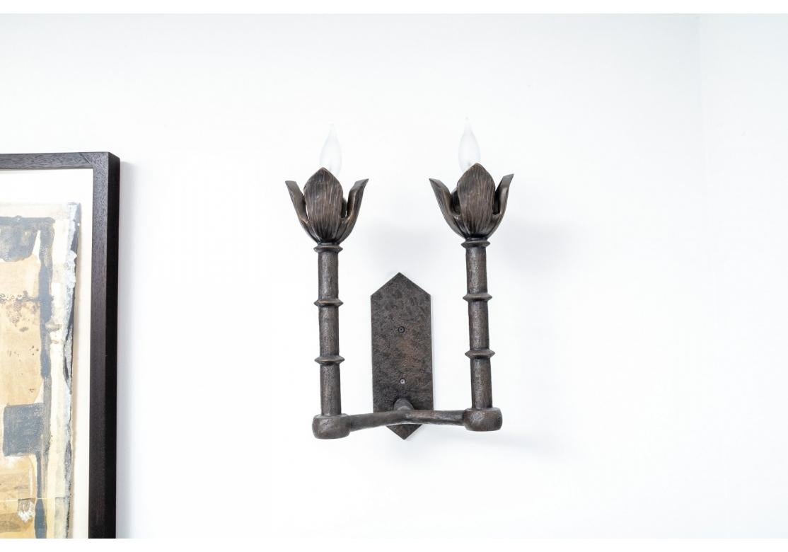 Pair Of Tom Corbin Bronze Two Light Tulip Wall Sconce In Good Condition For Sale In Bridgeport, CT