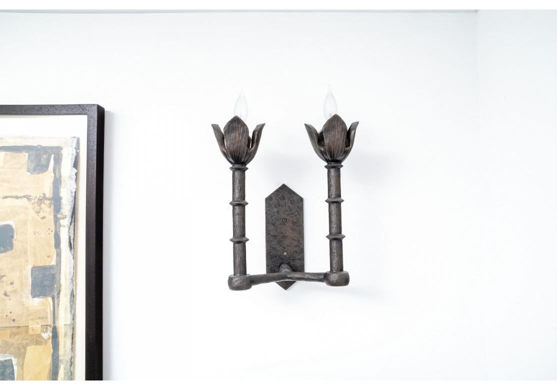 Contemporary Pair Of Tom Corbin Bronze Two Light Tulip Wall Sconce For Sale