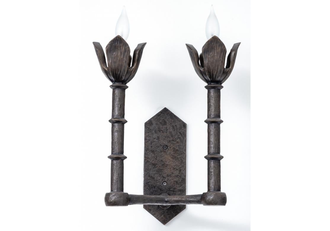 Pair Of Tom Corbin Bronze Two Light Tulip Wall Sconce For Sale 2