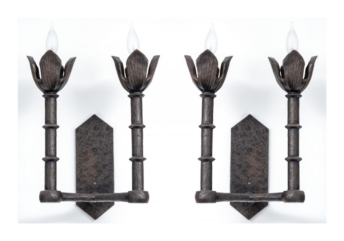 Pair Of Tom Corbin Bronze Two Light Tulip Wall Sconce For Sale 3