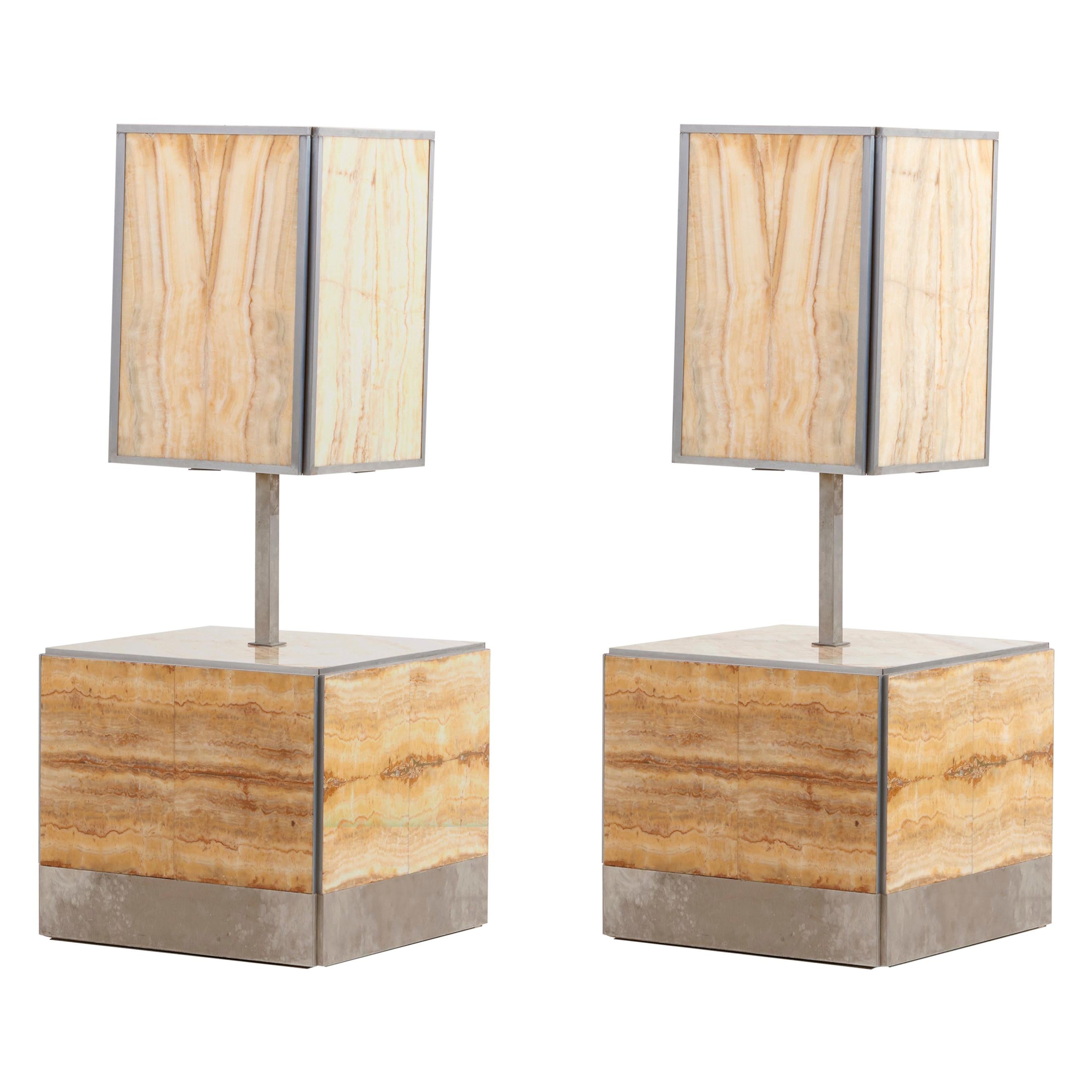 Pair of Tomasso Barbi Side Table and Lamp in Alabaster, Italy, 1970s
