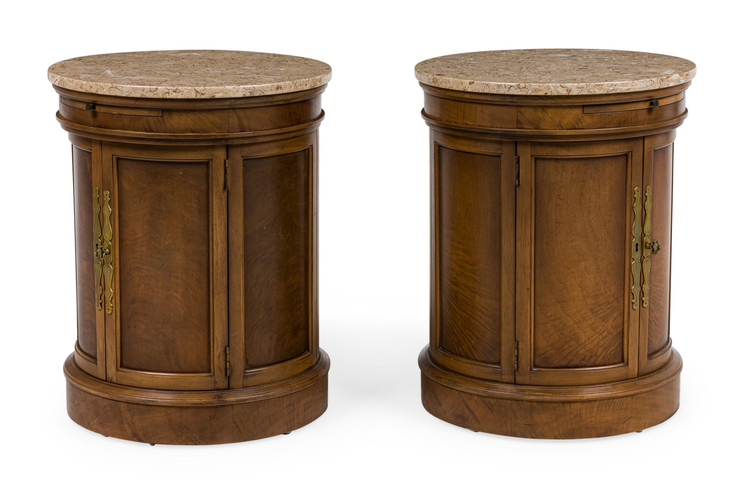 Mid-Century Modern Pair of Tomlinson American Mid-Century Round Marble Top Side Tables / Commodes For Sale