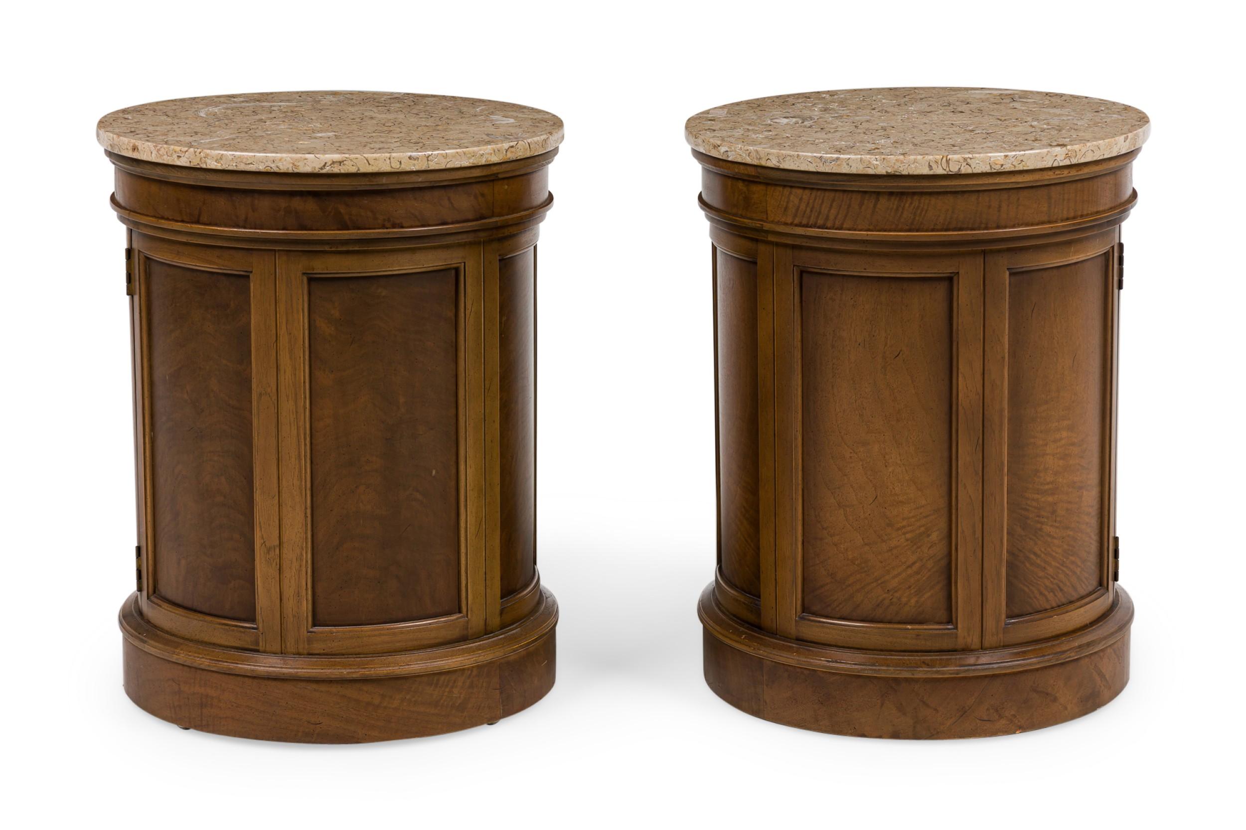 20th Century Pair of Tomlinson American Mid-Century Round Marble Top Side Tables / Commodes For Sale