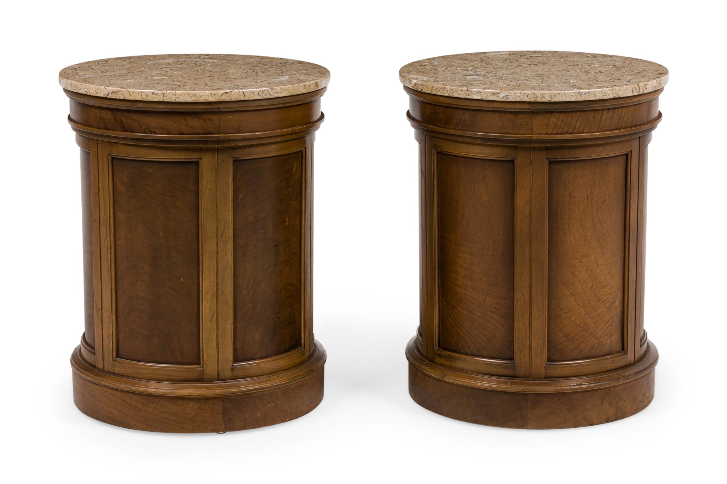 Brass Pair of Tomlinson American Mid-Century Round Marble Top Side Tables / Commodes For Sale